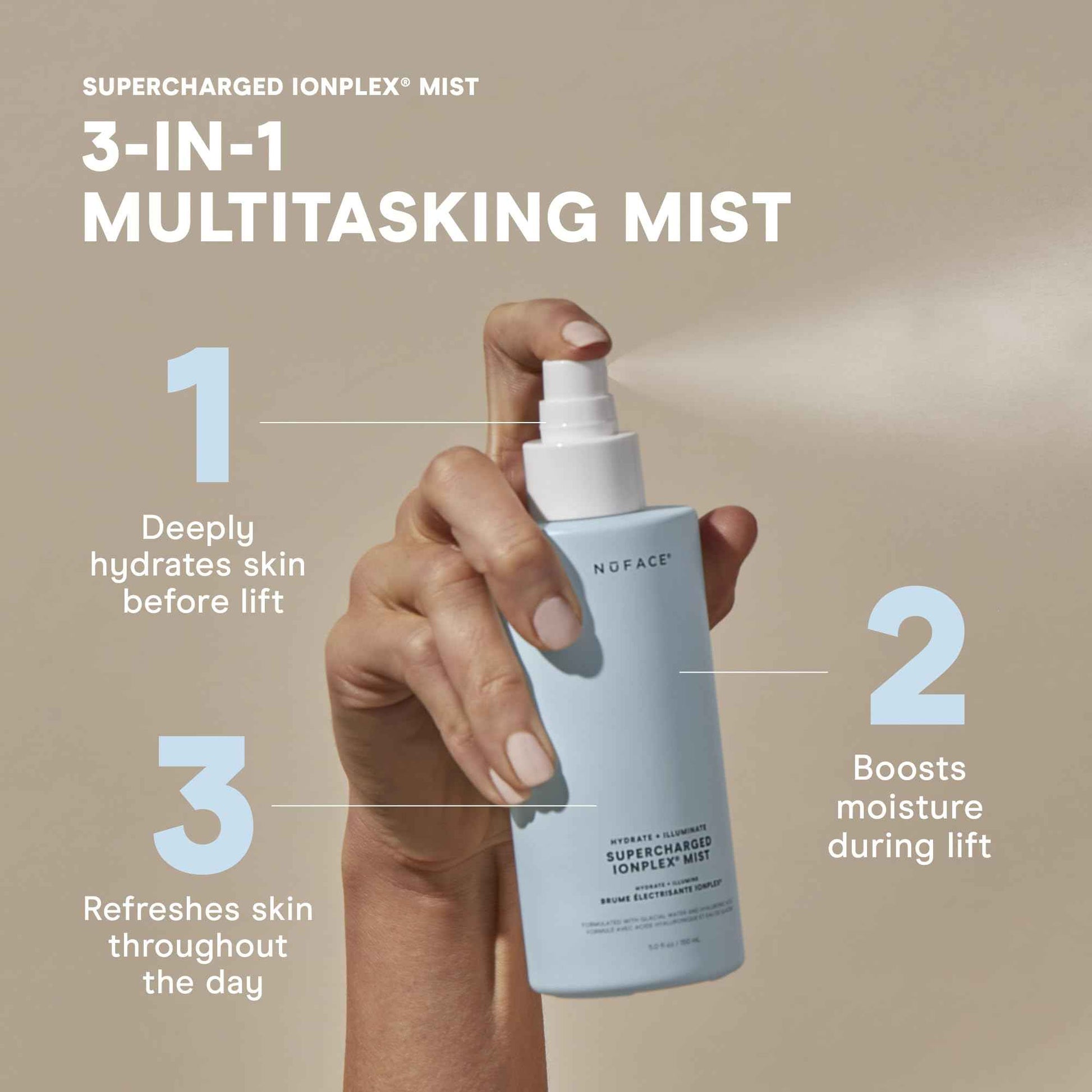 NuFACE Supercharged IonPlex Facial Mist - 3-in-1 Ultra-Fine Hydrating Face Mist & Pore Minimizer with Hyaluronic Acid + IonPlex Technology to Lock in Moisture and Enhance Microcurrent Treatment (5 oz)