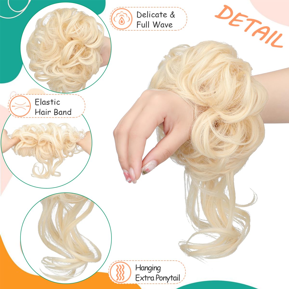 Yekartary Messy Hair Bun Women Updo Ponytail Chignon Synthetic Curly Tousled Hairpieces with Wavy Tendrils Elastic Scrunchies Extensions Bleach Blonde