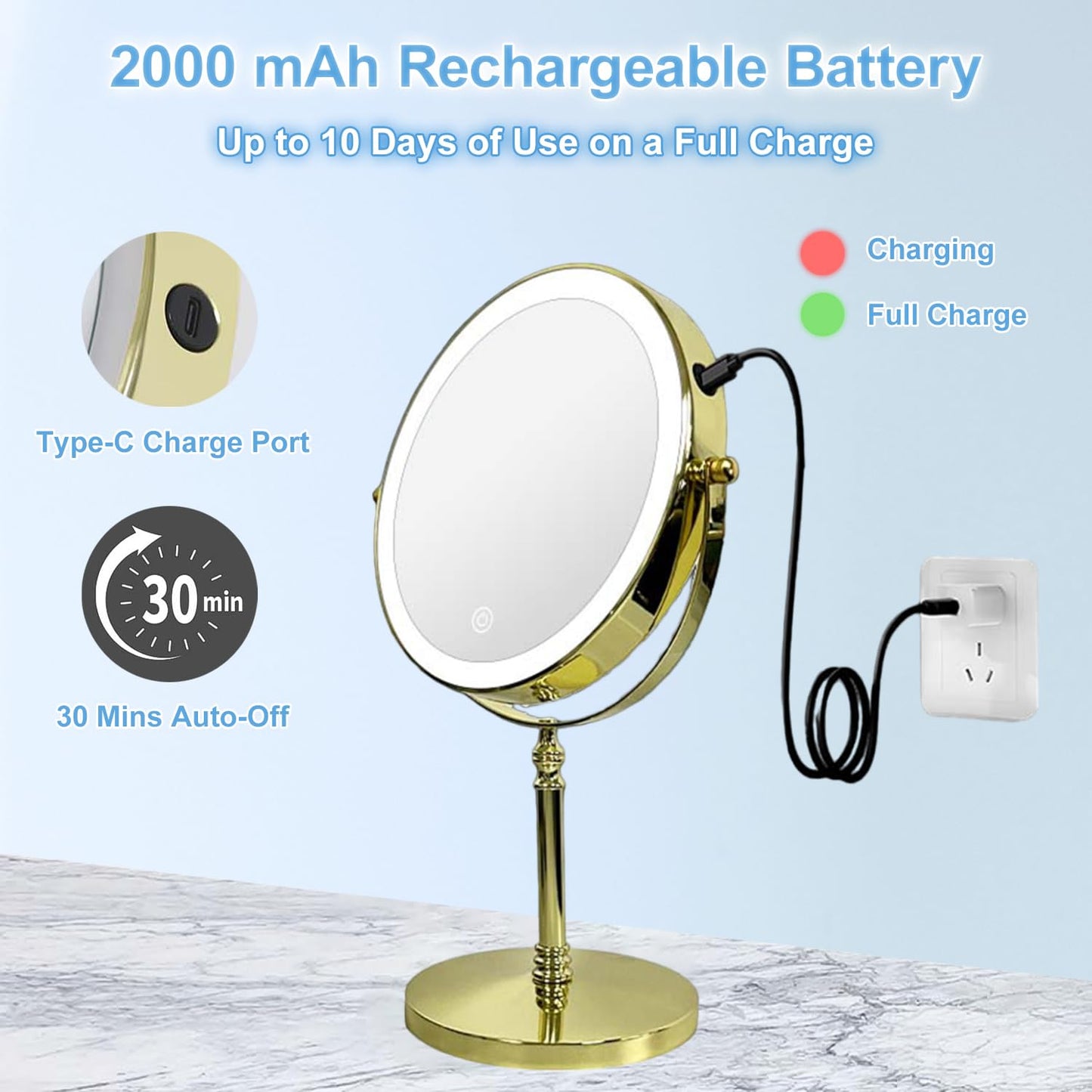 Kiavox Lighted Makeup Mirror with Magnification, 8" Round 1X/10X Magnifying Mirror Swivel Touch Screen 3 Colors Dimmable, Type-C Rechargeable Vanity Mirror with Lights for Makeup Desk, Gold