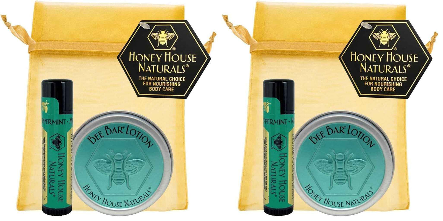 Honey House Naturals 2 Piece Gift Set, All Natural, Ultra Moisturizing Lotion Bar and Lip Butter Infused with Essential Oils, Made in USA (Lip Balm & Bee Bar, Peppermint) (Pack of 2)