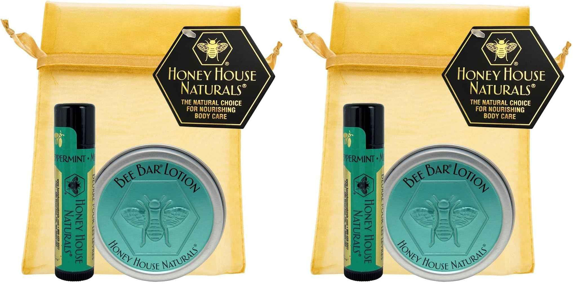 Honey House Naturals 2 Piece Gift Set, All Natural, Ultra Moisturizing Lotion Bar and Lip Butter Infused with Essential Oils, Made in USA (Lip Balm & Bee Bar, Peppermint) (Pack of 2)