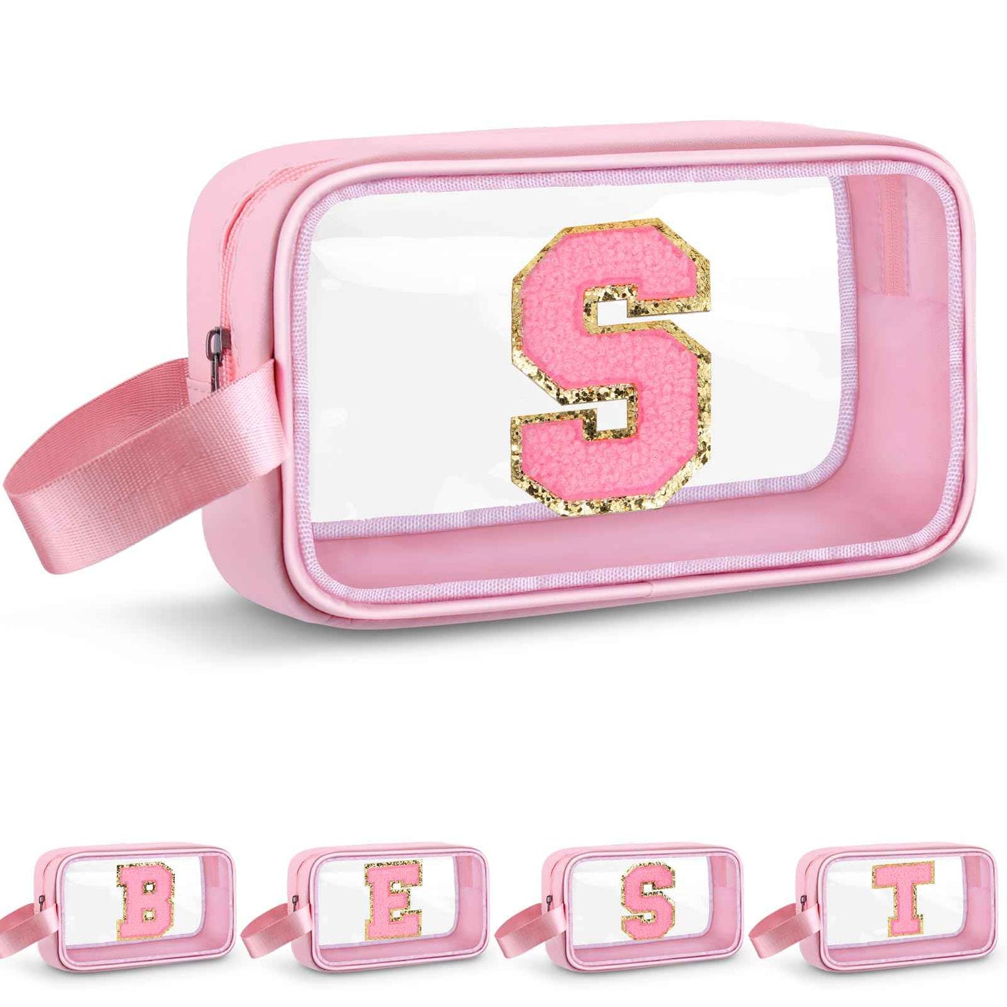 Vodolo Initial Makeup Bag,Letter S Cute Clear Monogrammed Cosmetic Travel Bag for Womens Girls,Personalized Pink Aesthetic Traveling Make Up Organizer Bag for Beach,Waterproof Toiletry Bag