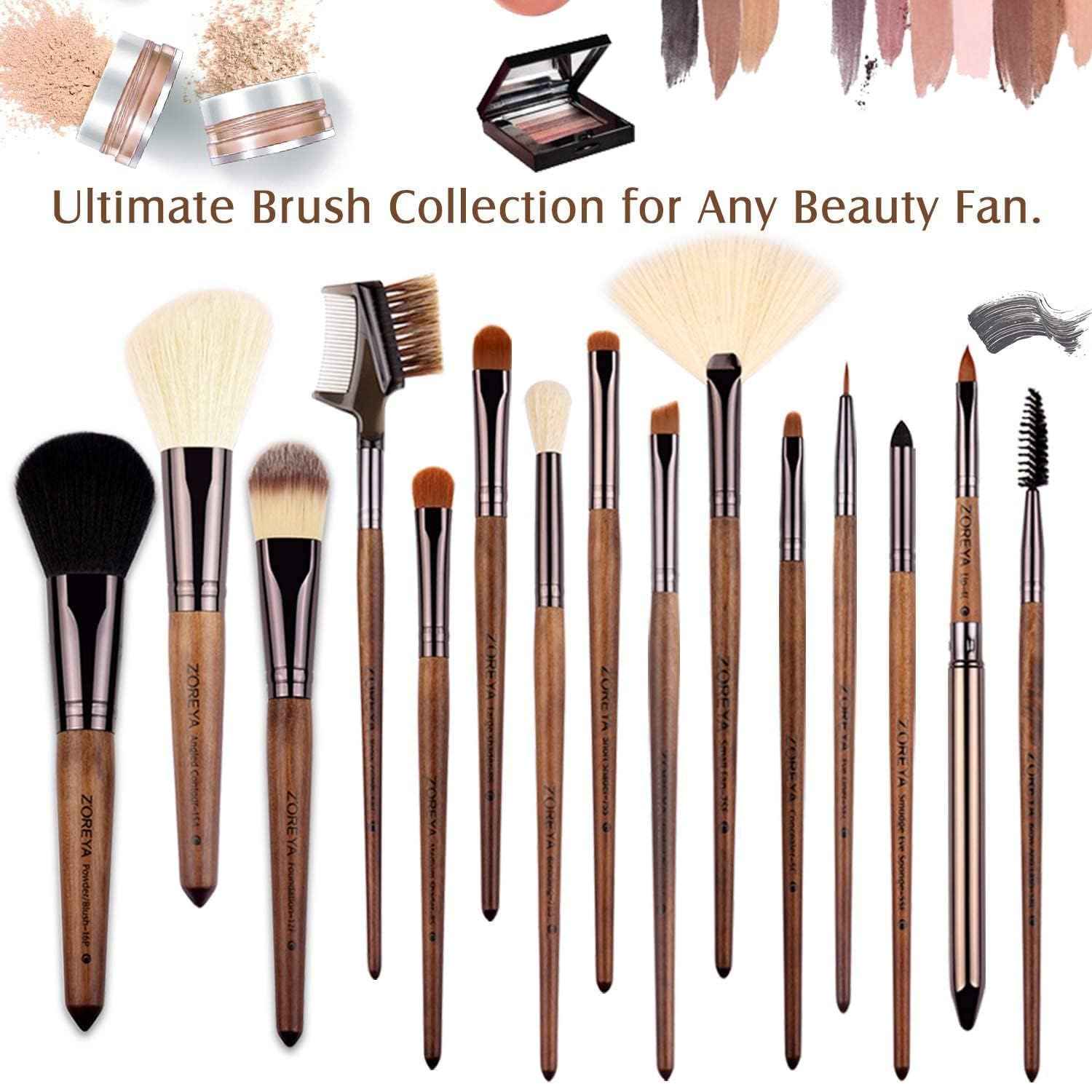 Makeup Brush Set, 15pcs Unique Walnut Makeup Brushes with Vegan Leather Bag, Professional No Shed Tan Makeup Brushes