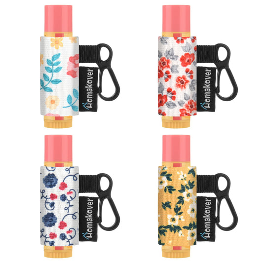 4 Pack Compact Clip-On Chapstick Holder Lip Balm Holder Keychain, Premium Release Clip Elastic Sleeves Lip Gross Holder Keychain Clip On Lipstick Sleeve, Fits Most Standard Lip Balm