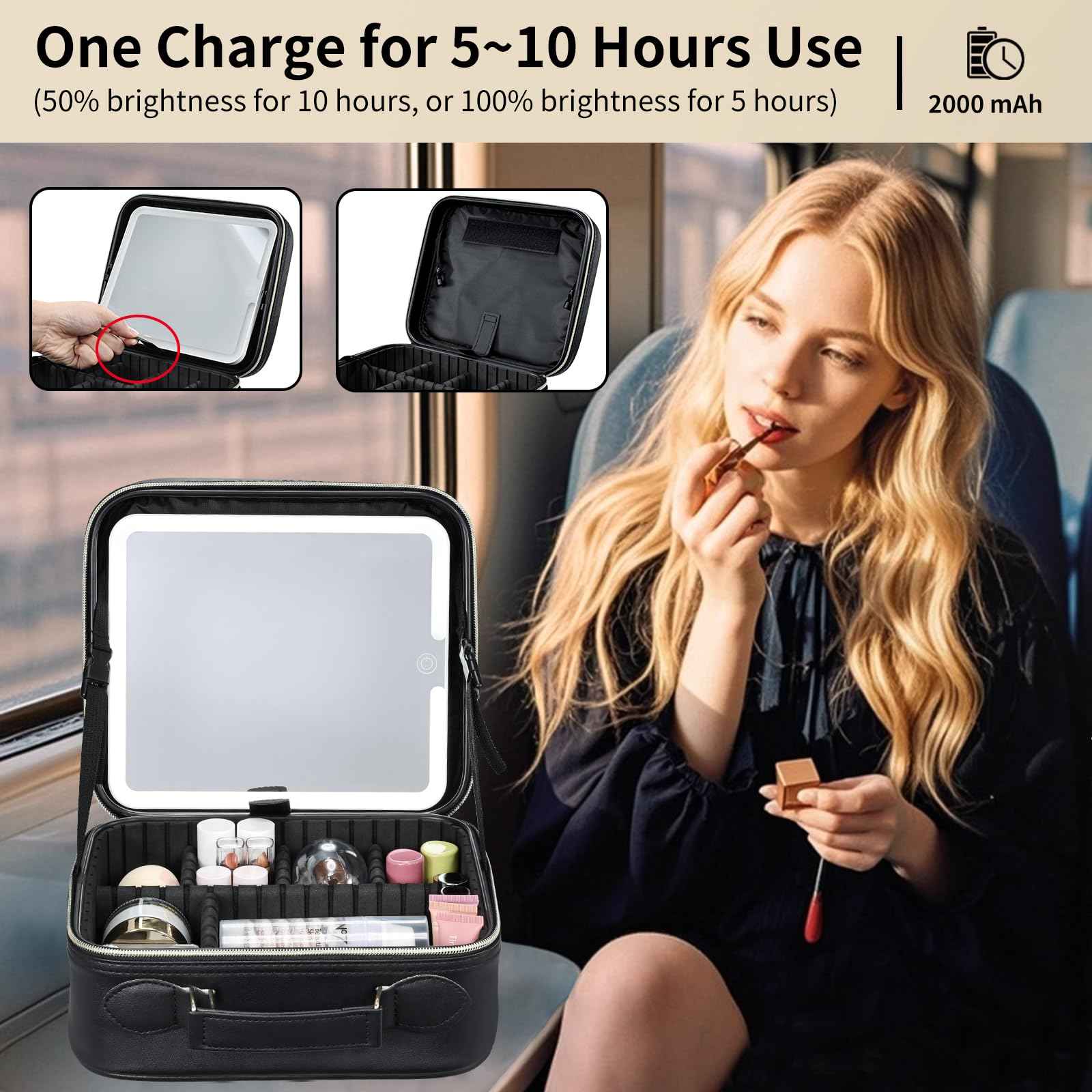 Faquenc Travel Makeup Bag with LED Mirror 3 Color Modes,10.2-in Black Vegan Leather Makeup Organizer Bag with Adjustable EVA Dividers and Independent Brush Panel