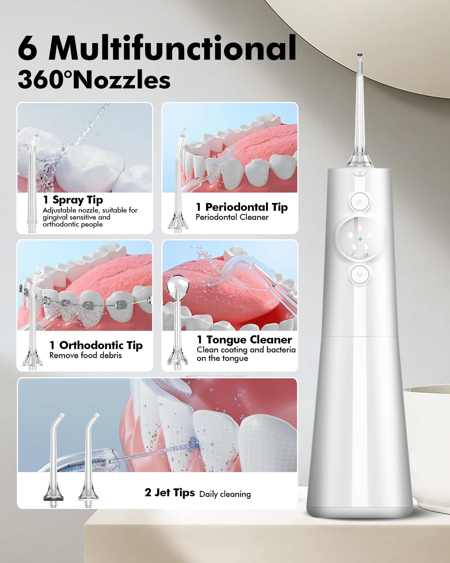 Bezvoi Water Dental Flosser Cordless: Professional Water Floss LED Display 5 Modes, 300ML Water Tank, IPX7 Waterproof Portable Oral Irrigator with 6 Jet Tips for Travel, Home (White)