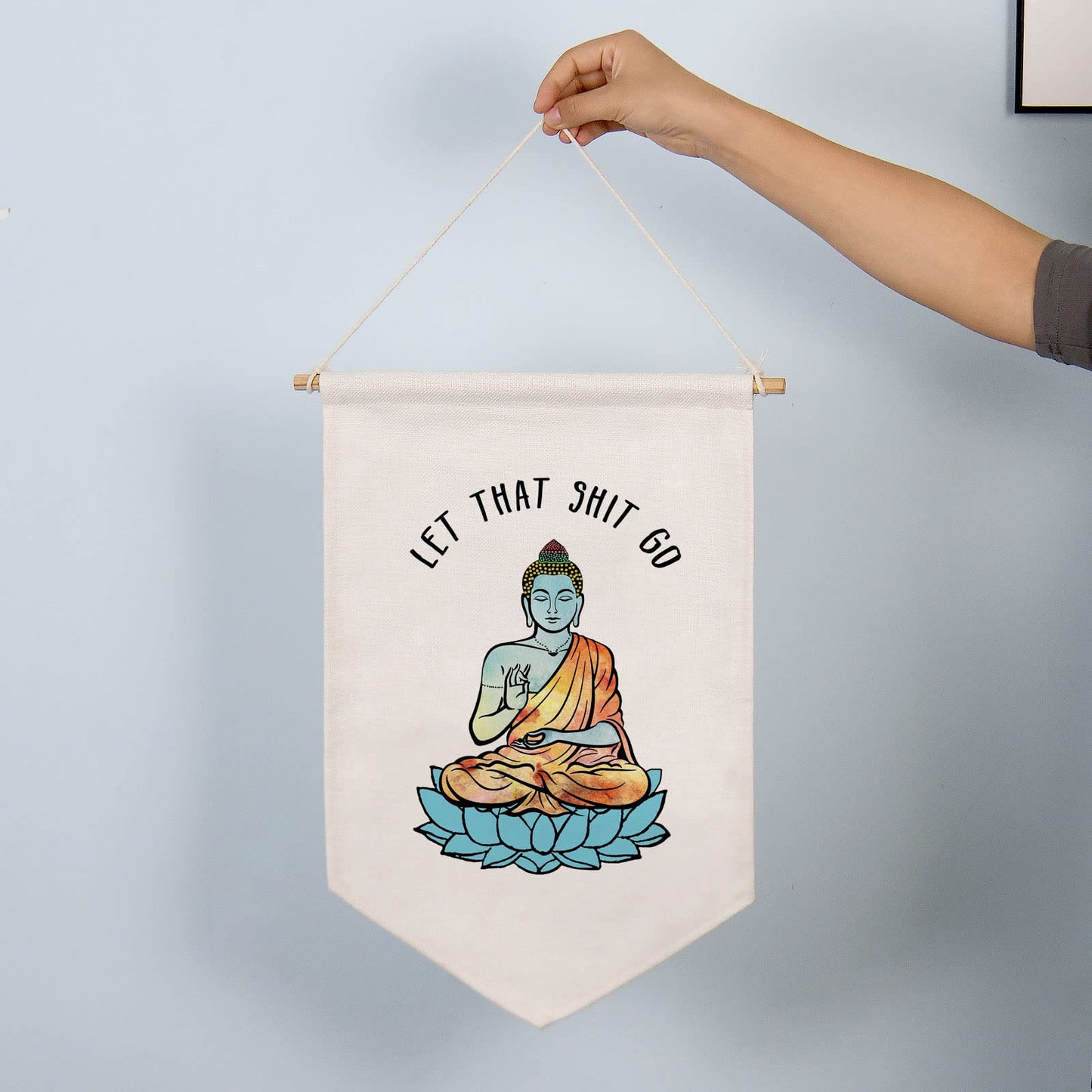 Buddha Wall Linen Hanging Banner, Let That Sh-it Go, Funny Poster, Bathroom Wall Hanging, Yoga Zen Decor, Wall Hanging Banners, Farmhouse Bathroom, Bathroom Humor, Home Decor, Farmhouse Sign