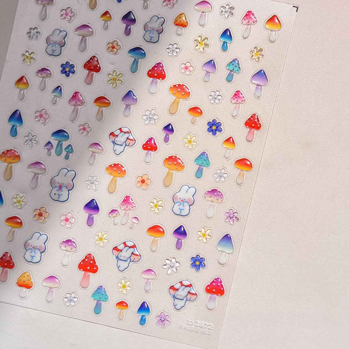 1 Sheet Cute Mushroom Nail Stickers Rabbit Flower Nail Art Decals 5D Jelly Sense Self-Adhesive Nail Design Stickers for Women DIY Spring Nail Art Supplies Acrylic Nails Accessories