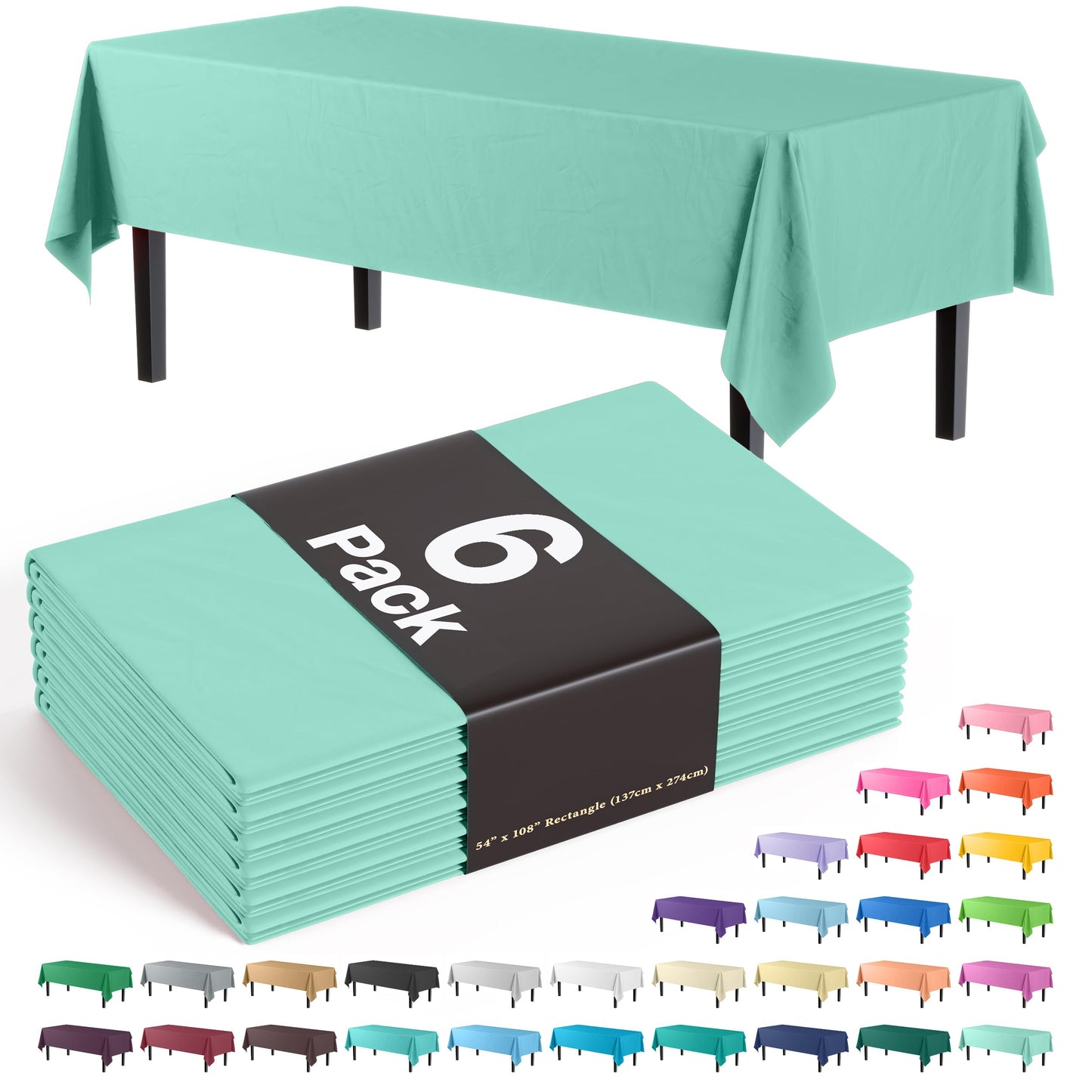 Exquisite 6-Pack Premium Plastic Tablecloth 54in. x 108in. Rectangle Plastic Table cover - Mint