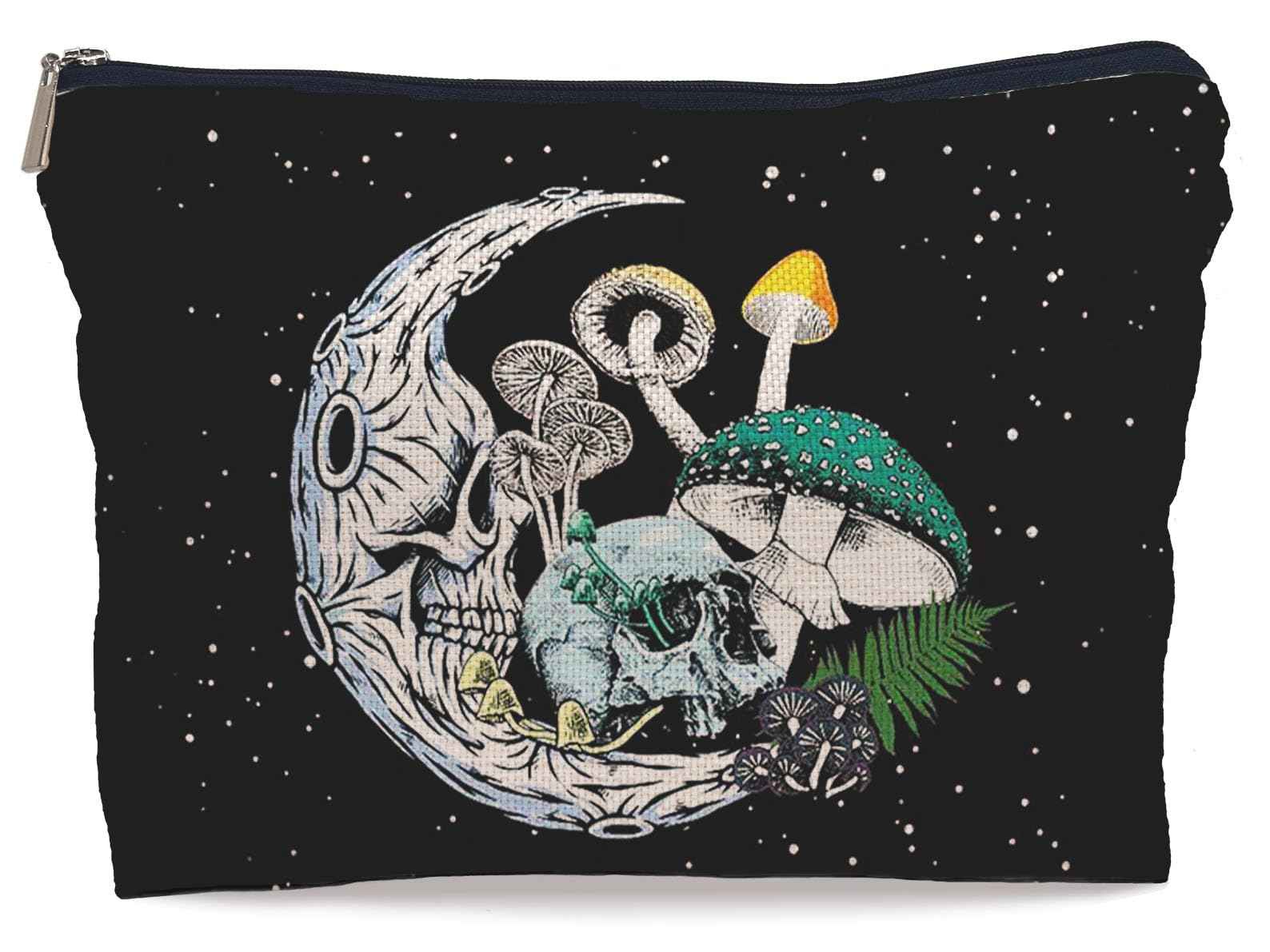 Lacosu Gothic Skull Moon Colourful Mushroom Makeup Bag,Halloween Skull Skeleton Cosmetic Makeup Bag for Women Girls,Gifts for Gothic Lovers Teens Women Girls Daughter Sister Friends