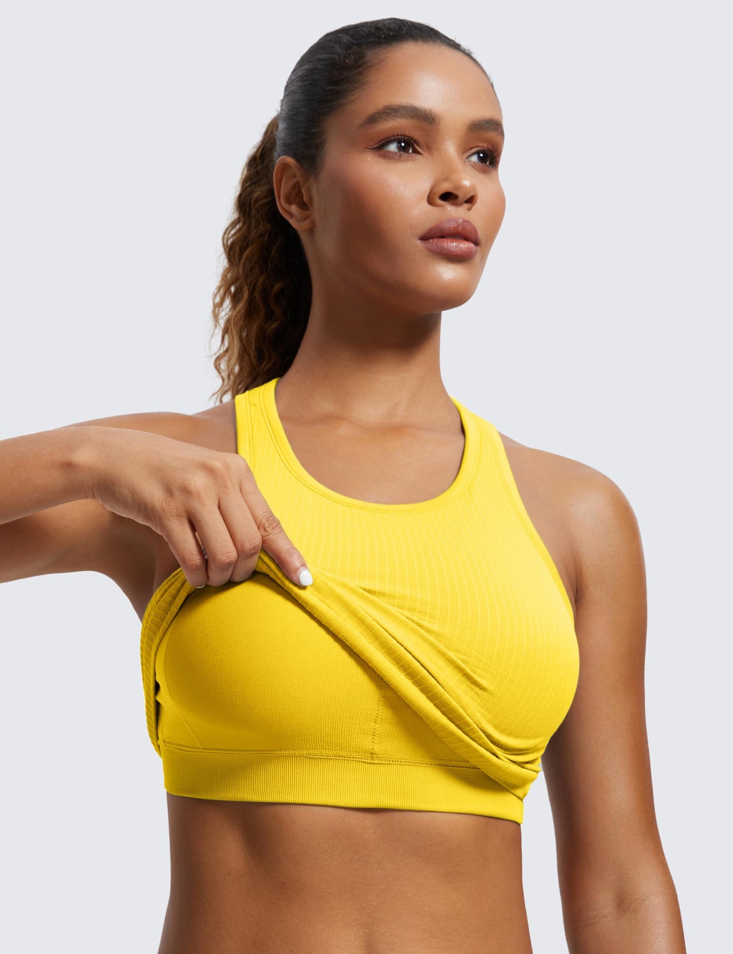 CRZ YOGA Womens Seamless Ribbed Longline High Neck Sports Bra - Racerback Padded Slim Fit Crop Tank Top with Built in Bra High Visibility Yellow Small