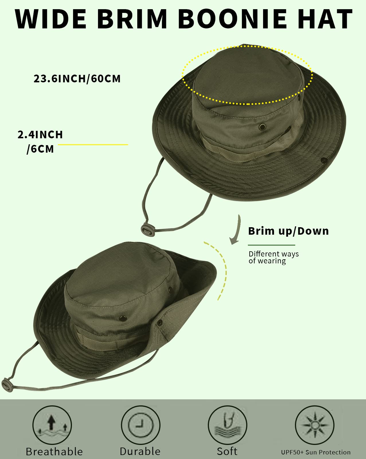 Sun Hats for Men Women Bucket Hat UPF 50+ Boonie Hat Foldable UV Protection Hiking Beach Fishing Summer Safari(1pack-Army Green)