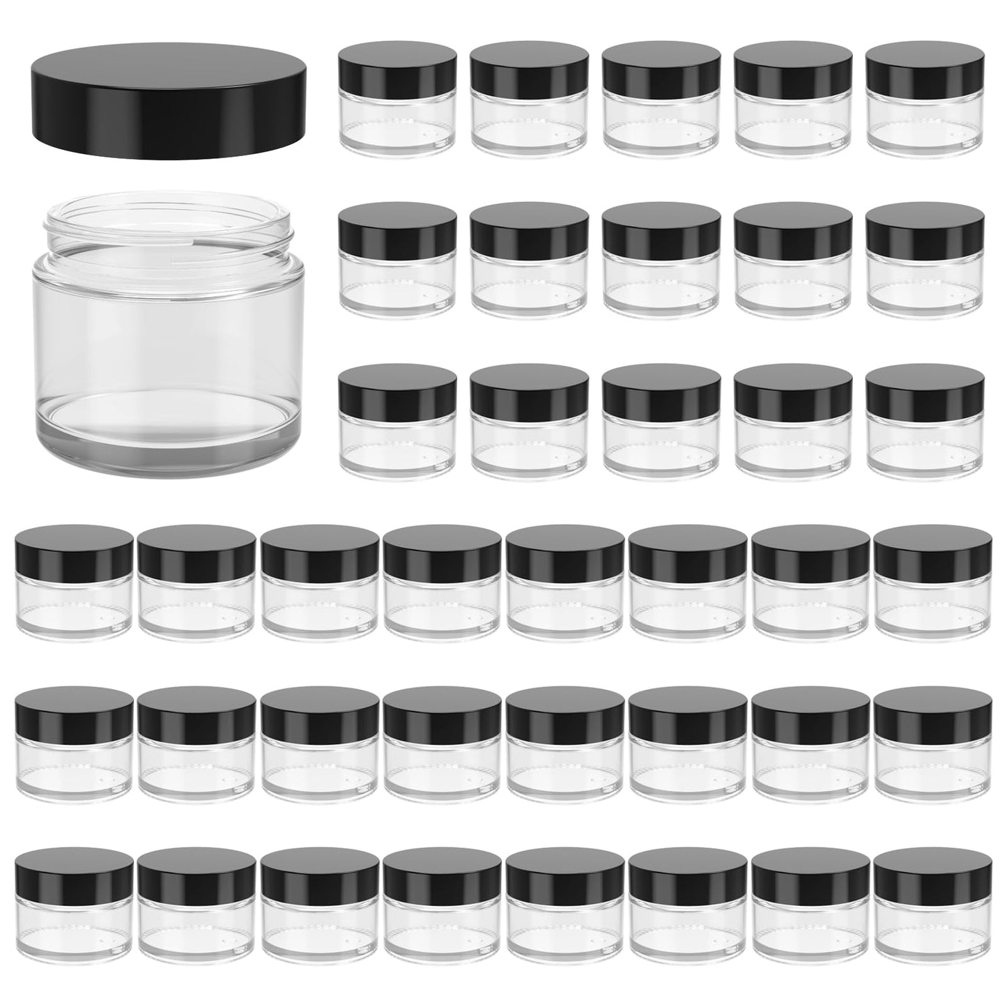 2oz Jars with Lids, HOA Kinh 40 Pack Clear Glass Jars with Lids Empty Cosmetic Containers Round Airtight Glass Jar with Black Lids for Storing Lotions Powders Ointments