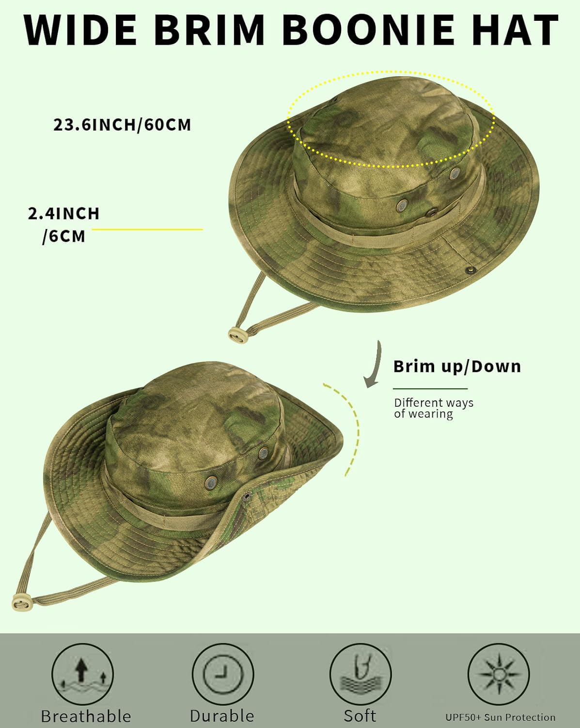 Sun Hats for Men Women Bucket Hat UPF 50+ Boonie Hat Foldable UV Protection Hiking Beach Fishing Summer Safari(1pack-Green Ruin)