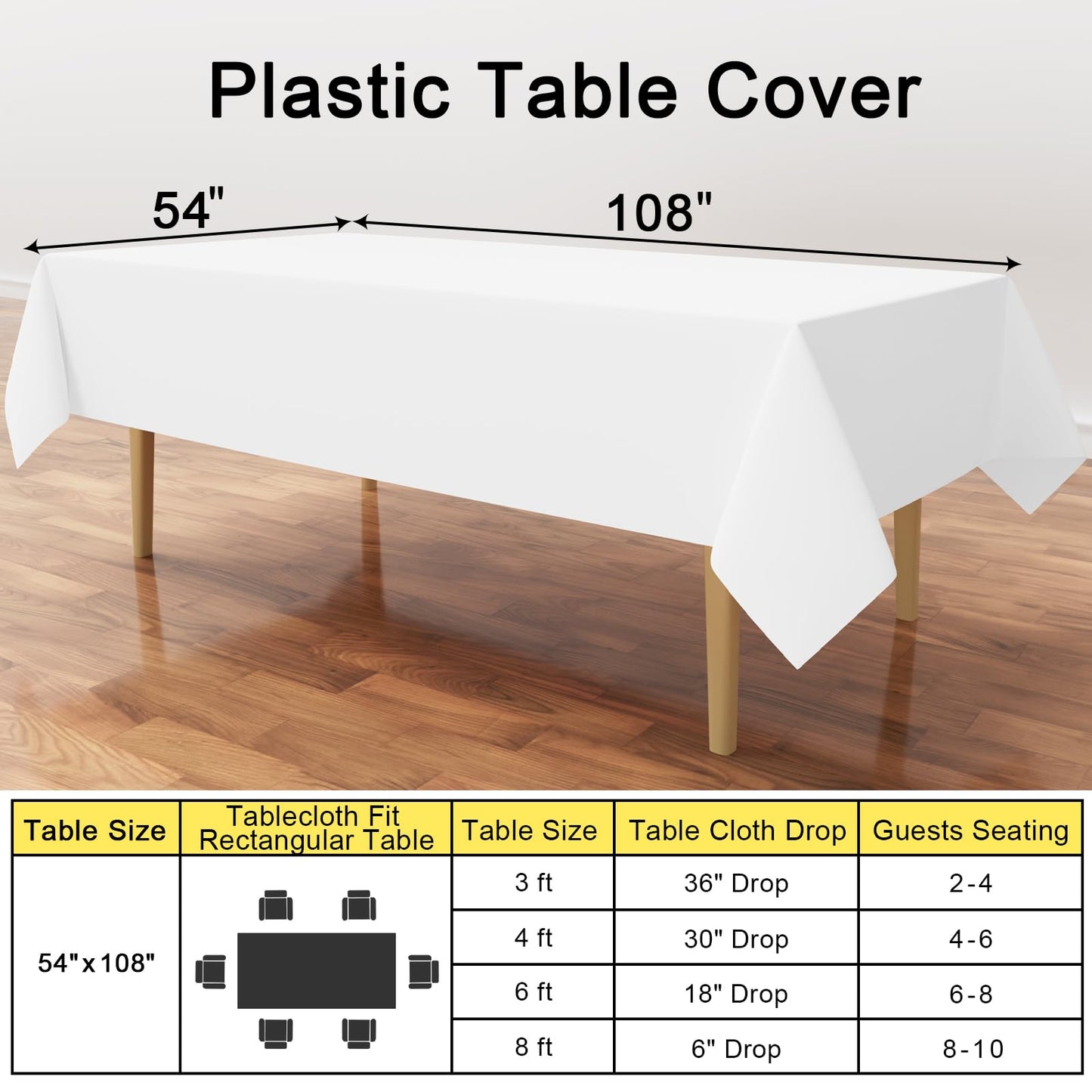 Smiry Disposable Table Cloth - 36 Pack, 54 x 108 Inch Table Cloths for Parties, Decorative Tablecloths for Rectangle Tables, Waterproof Plastic Table Cover, Leakproof & Sturdy, White