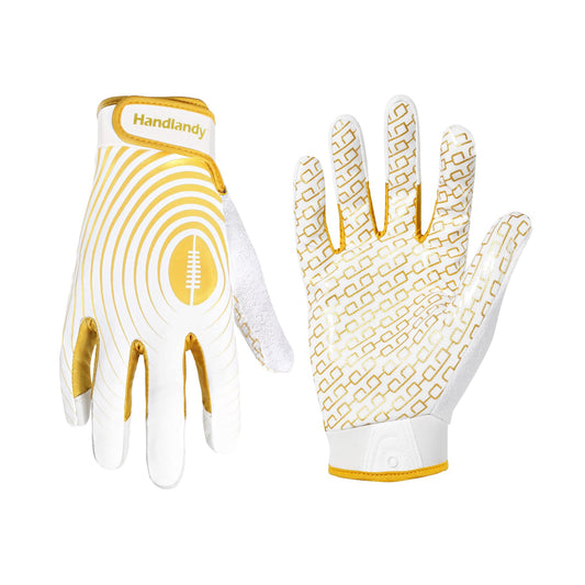 HANDLANDY Youth Football Gloves, Sticky Wide Receiver Gloves for Kids & Adult, White and Gold Stretch Fit Football Gloves (X-Small)