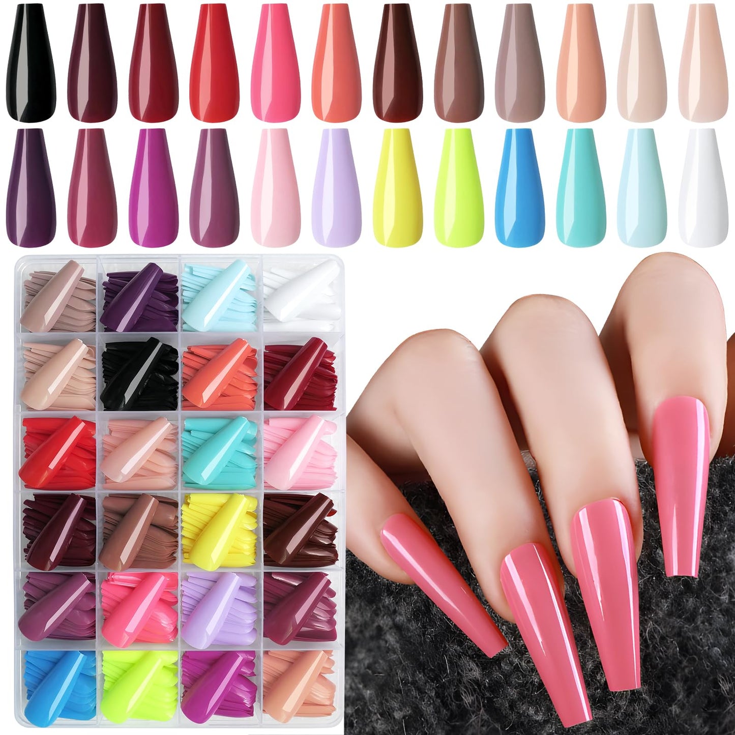 Lifextol Coffin Press on Nails Long, 576pc Colored Fake Nails Medium Length Press on Nail Coffin Full Cover Acrylic Tips Presson Artificial Fingernails Glue Tab False Nail for Women Girls Kids