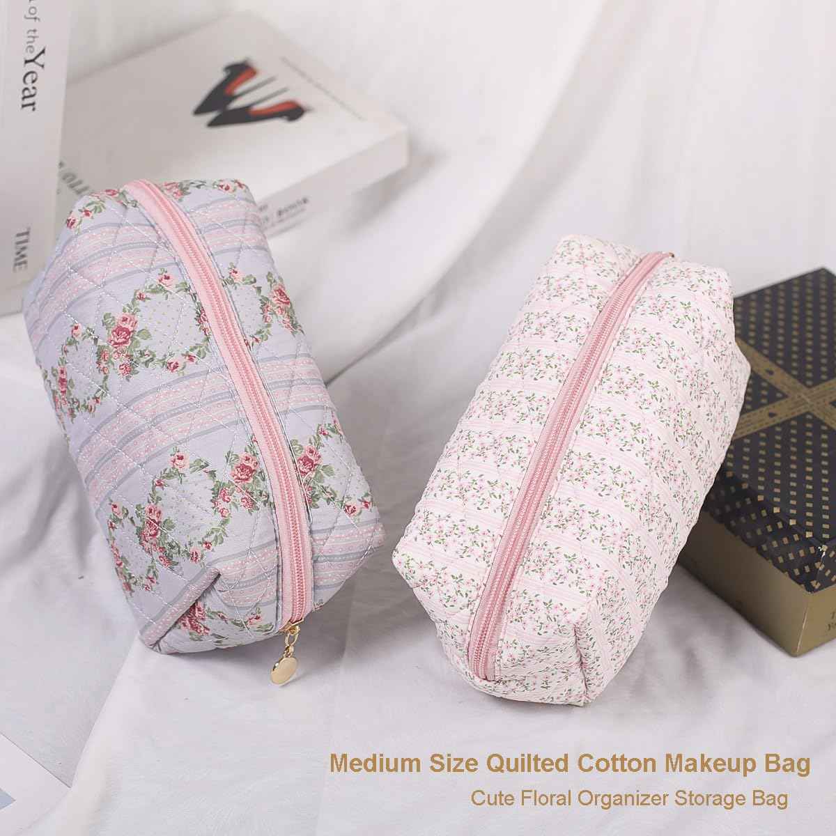 Gleyemor 2 Pieces Quilted Makeup Bag, Cute Floral Cosmetic Bag for Women, Cotton Make Up Bag Set, Flower Travel Toiletry Bag Tote Pouch Organizer (Pink Floral+ Pink Rose)