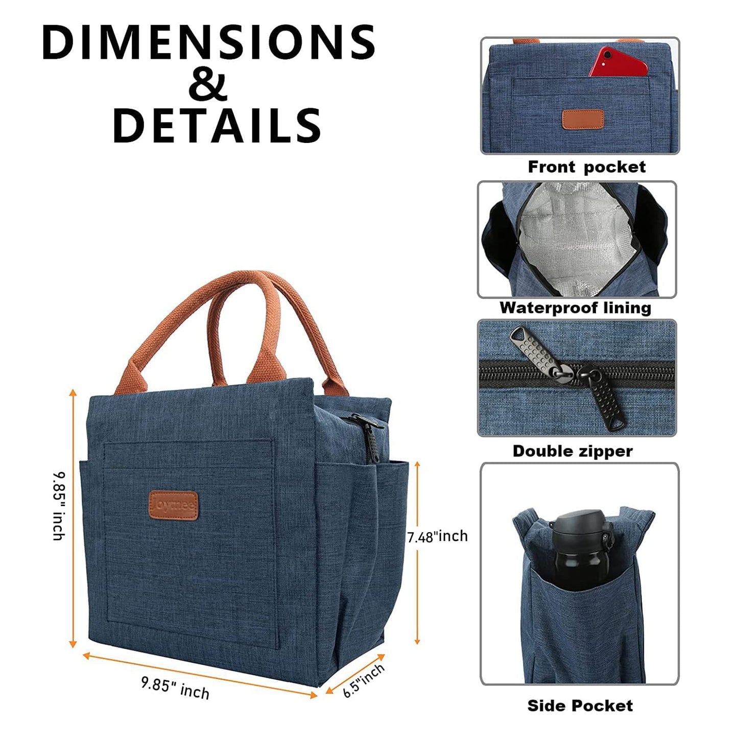 Joymee Lunch Bag Women Insulated Lunch Box Reusable Leakproof Large Spacious Tote for Women Men Adult with Bottle Holder and Side Pockets for Work Picnic Travel - Navy Blue