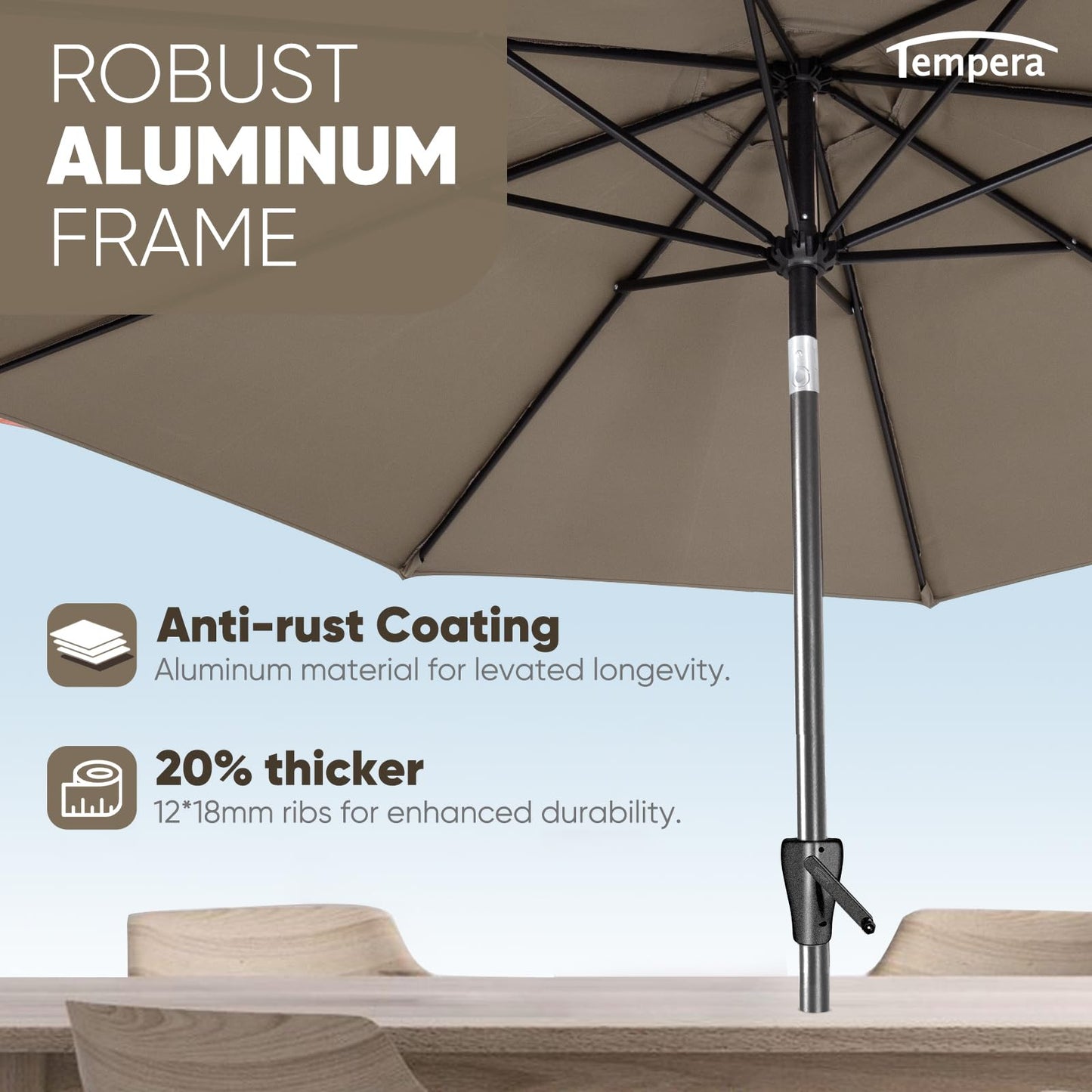 Tempera 9ft Patio Market Outdoor Table Umbrella with Push Button Tilt and Crank,Large Sun Umbrella with Sturdy Pole&Fade resistant canopy,Easy to set,Taupe