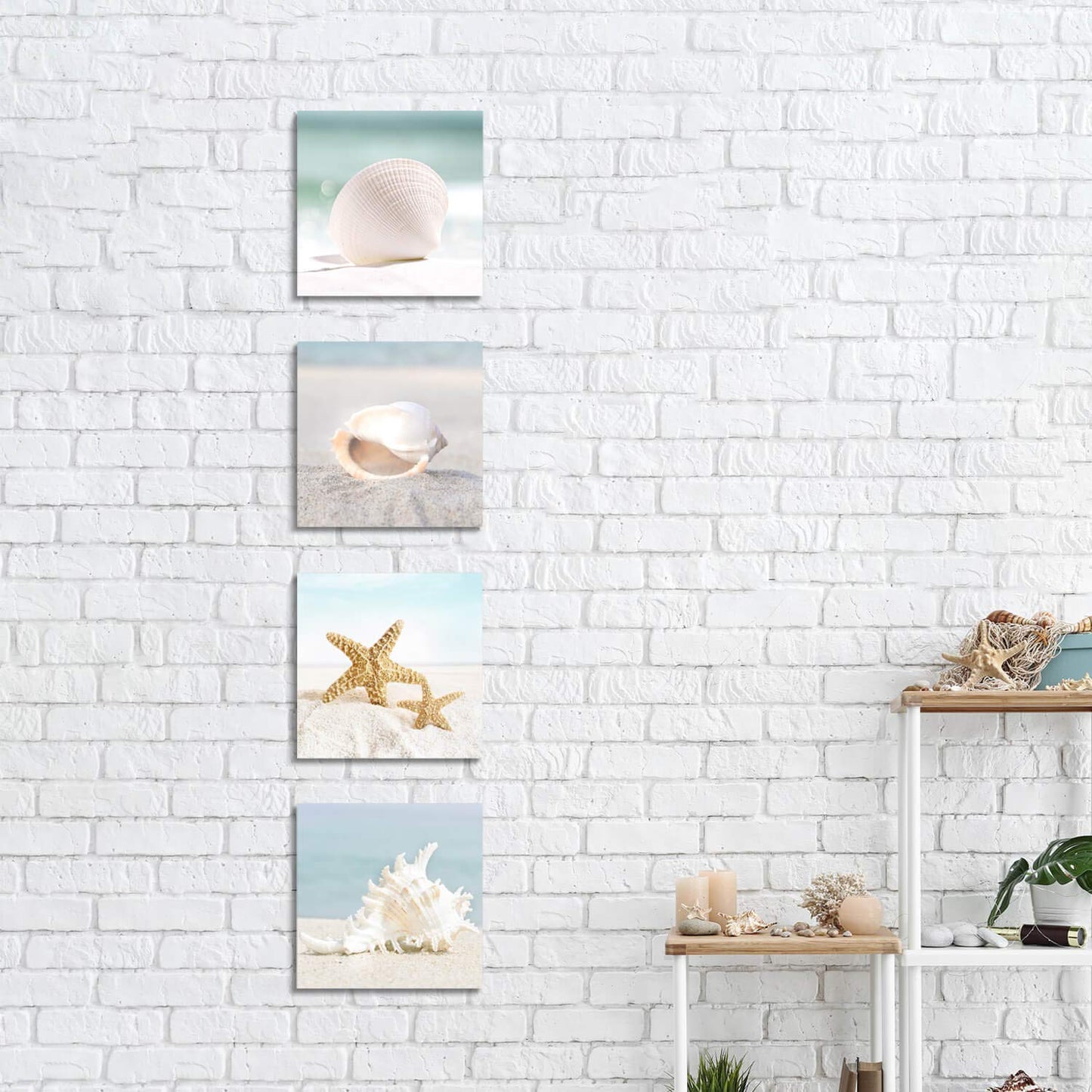 ARTISTIC PATH Starfish & Seashells Canvas Wall Art: Sandy Beach Seaside Graphic Artwork for Bathroom (12" W x 12" H x 4 PCS,Multi-Sized)