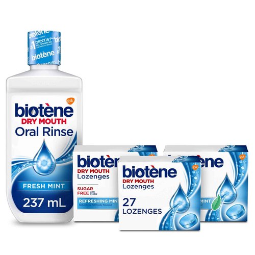 Biotene Fresh Mint Moisturizing Oral Rinse Mouthwash, Alcohol-Free, for Dry Mouth, 33.8 ounce & Biotene Dry Mouth Lozenges, Refreshing Mint, 81 Count