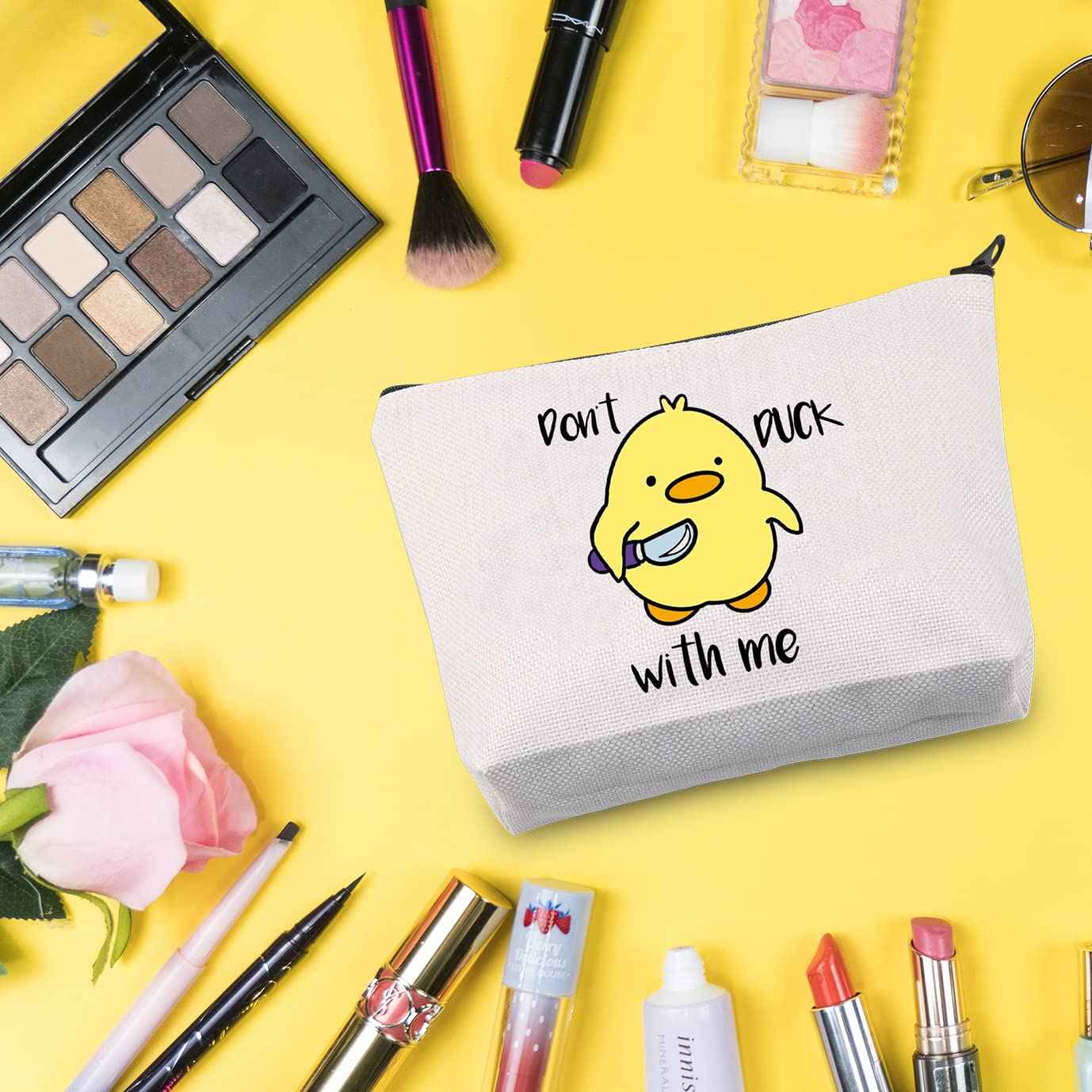 G2TUP Duck Lover Gift Don't Duck With Me Yellow Duck Makeup Bag Duck Owner Cosmetic Bag Ducks Mom Gift Animal Lover Gift Travel Bag with Zipper (Duck With Me White Bag)