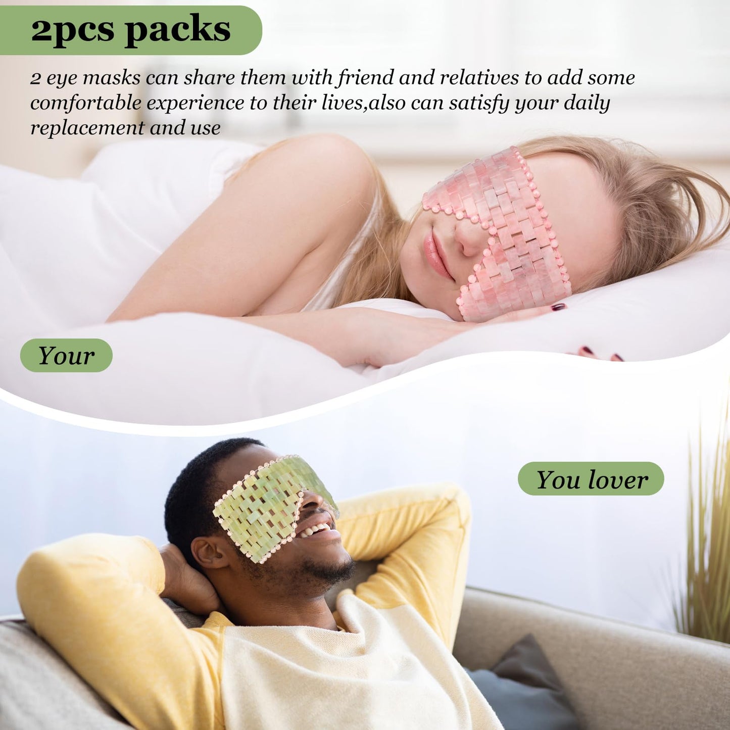 LazyGa Natural Jade Eye Mask and Rose Quartz Eye Mask Set - Soothing & Relaxing Alleviate Puffiness and Migraines with Cooling and Warming Therapy (2 Pcs)