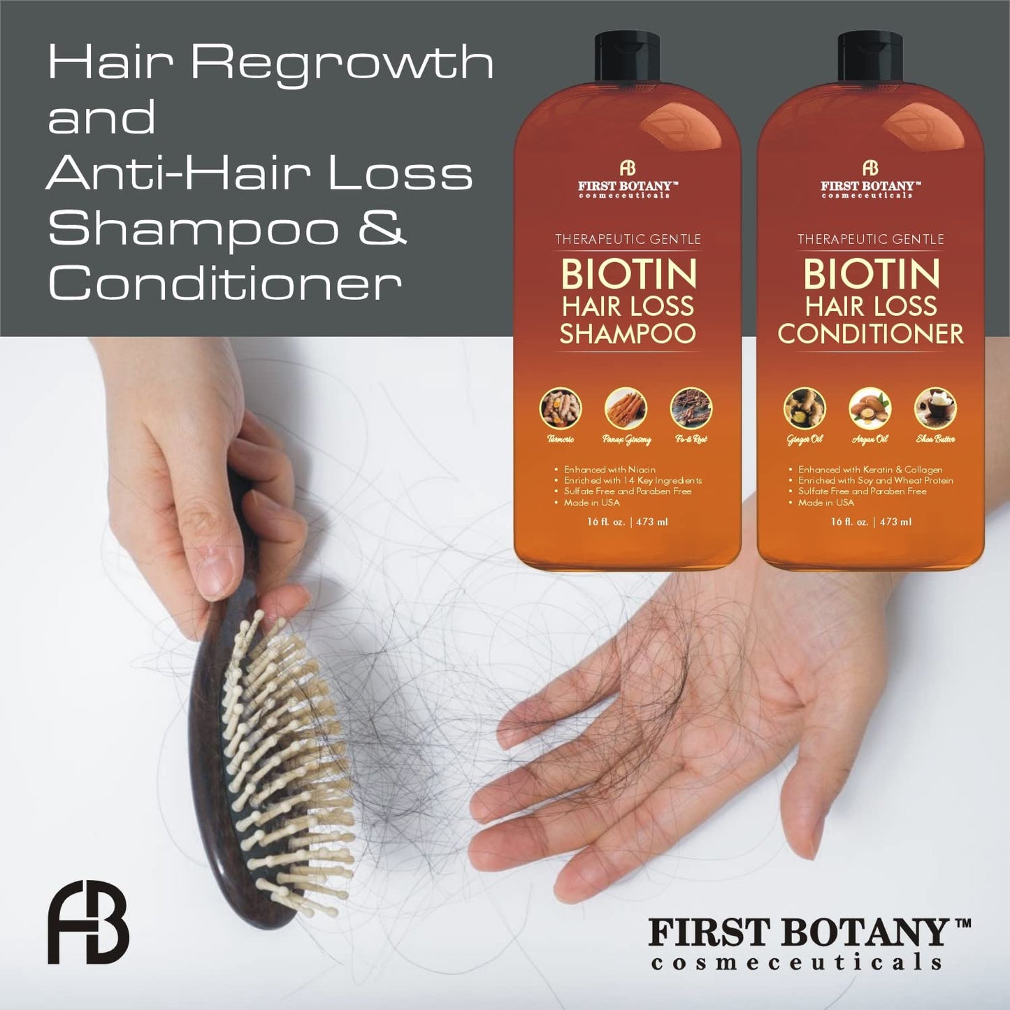 First Botany, Hair Growth Shampoo Conditioner Set - An Anti Hair Loss Biotin Shampoo & Conditioner with DHT blockers to fight Hair Loss For Men & Women, All Hair types, Sulfate Free - 2 x 16 fl oz