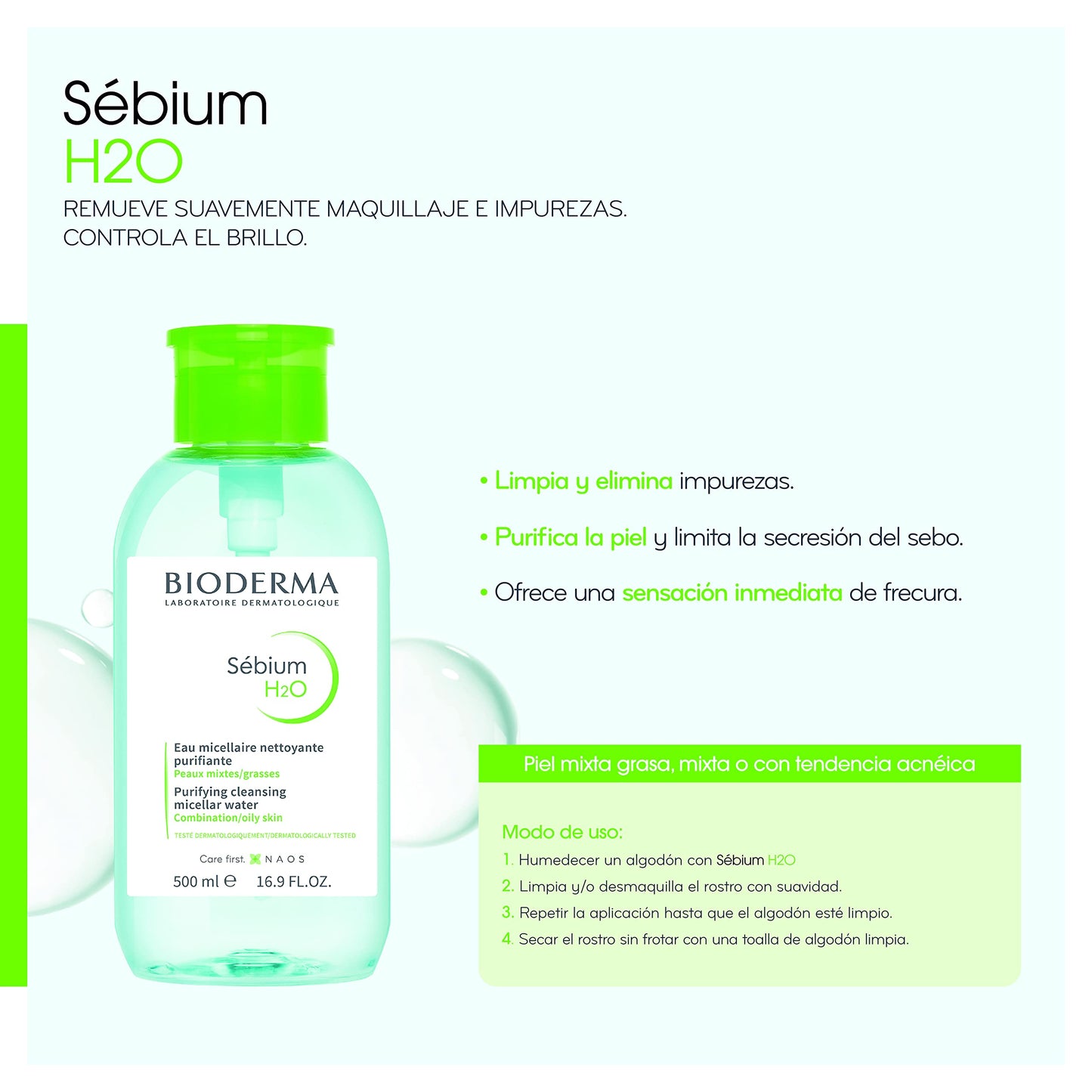 Bioderma Sébium H2O PUMP, Micellar Water, Cleansing and Make-Up Removing for Combination to Oily Skin, Green Bottle, 17 Fl Oz