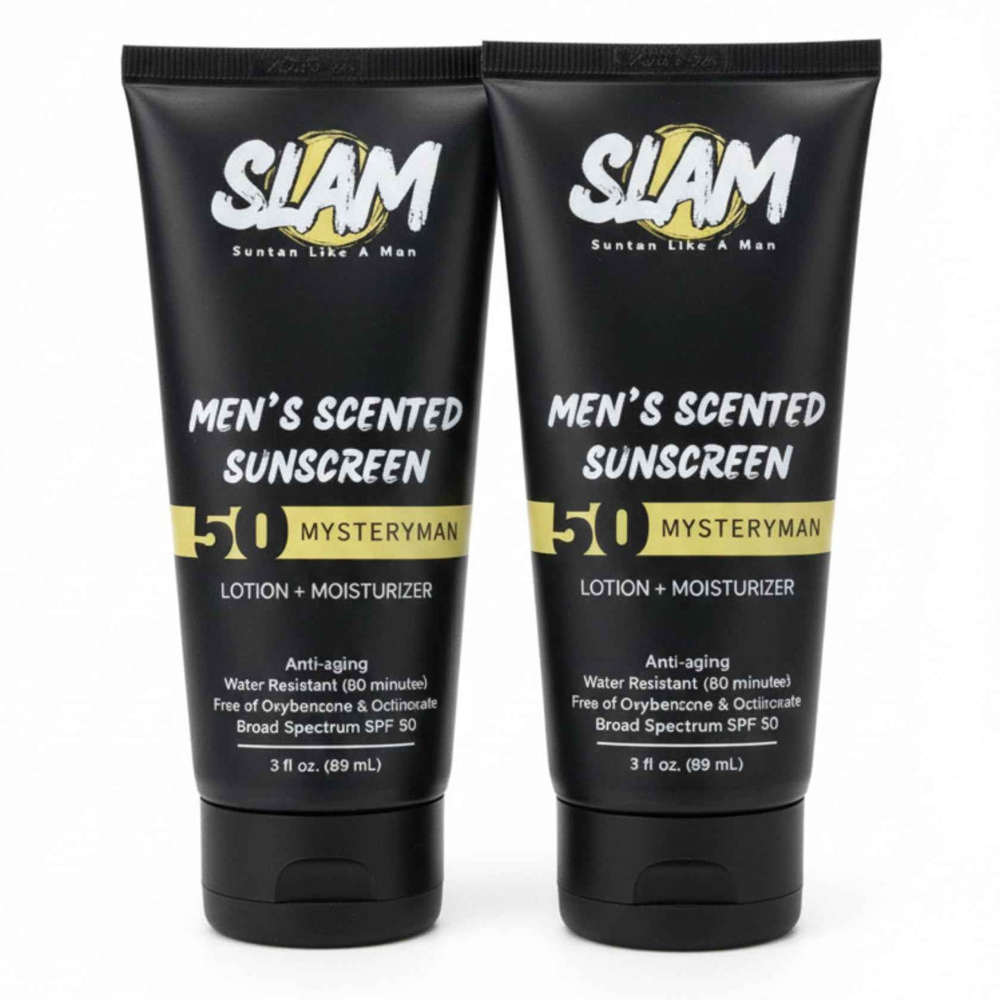 SLAM MysteryMan Men's Sunscreen Lotion SPF 50 & Moisturizer – Face & Body Sunblock, Anti-Aging, Water-Resistant, Hawaii Act 104 Safe, Daily Sport Skincare for Men, Scented – 3 fl oz. Double pack.