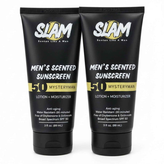 SLAM MysteryMan Men's Sunscreen Lotion SPF 50 & Moisturizer – Face & Body Sunblock, Anti-Aging, Water-Resistant, Hawaii Act 104 Safe, Daily Sport Skincare for Men, Scented – 3 fl oz. Double pack.