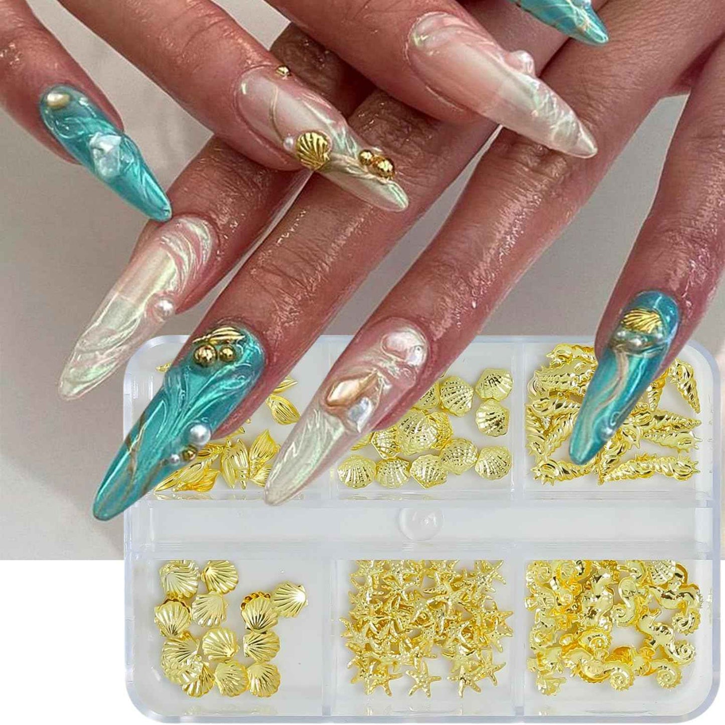 Summer Nail Charms and Gems Cute Shells Conchs Seahorse Starfish Nail Art Charms Gold Flat Back Gold Nail Rhinestones Summer Ocean Beach Nail Decoration Marine Life Rhinestones for Nails DIY Designs