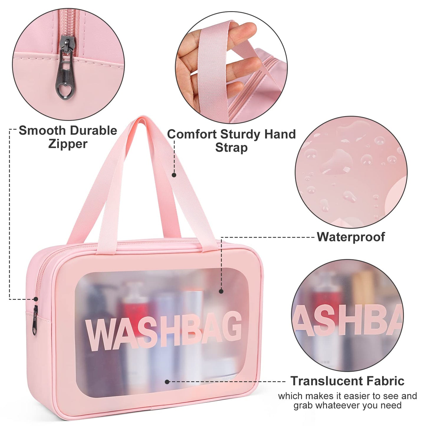 YuanCheng Upgrade Travel Toiletry Bags for Women, Pack-4 Different Size Make Up Bags with Handle, Large Capacity Translucent Waterproof Travel Cosmetic Bags (Comestic Bag-Pink)