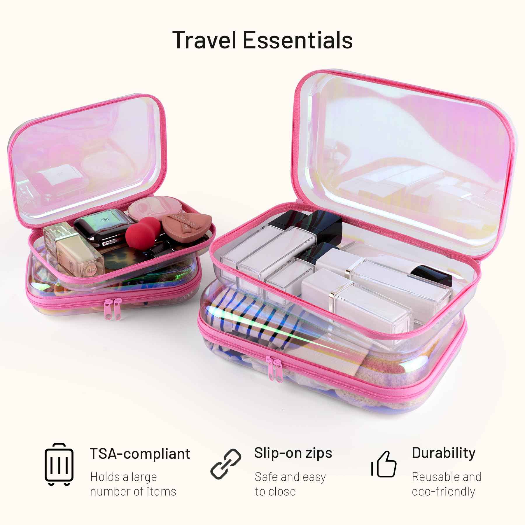 YSHXNX Toiletry Bag,Water Resistant Cosmetic Organizer for Bathroom,2 Pcs Quart Size Clear Iridescent Hard Shell Zipper Case for Toiletries,Portable Storage for Women girls,Travel Essentials