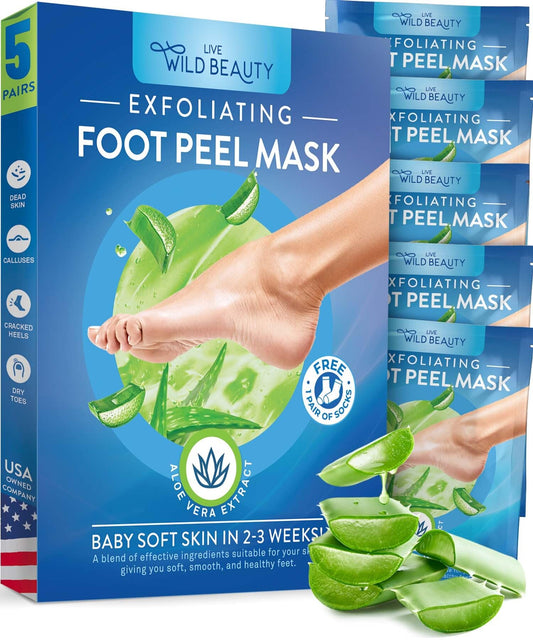 Live Wild Beauty PatchRx Foot Peel Mask, Foot Mask that Moisturizes Dry Cracked Feet, Foot Peel for Soft Foot Exfoliator for Calluses, Foot Mask Peeling Foot Softener, Feet Peeling Mask (5 Pairs)