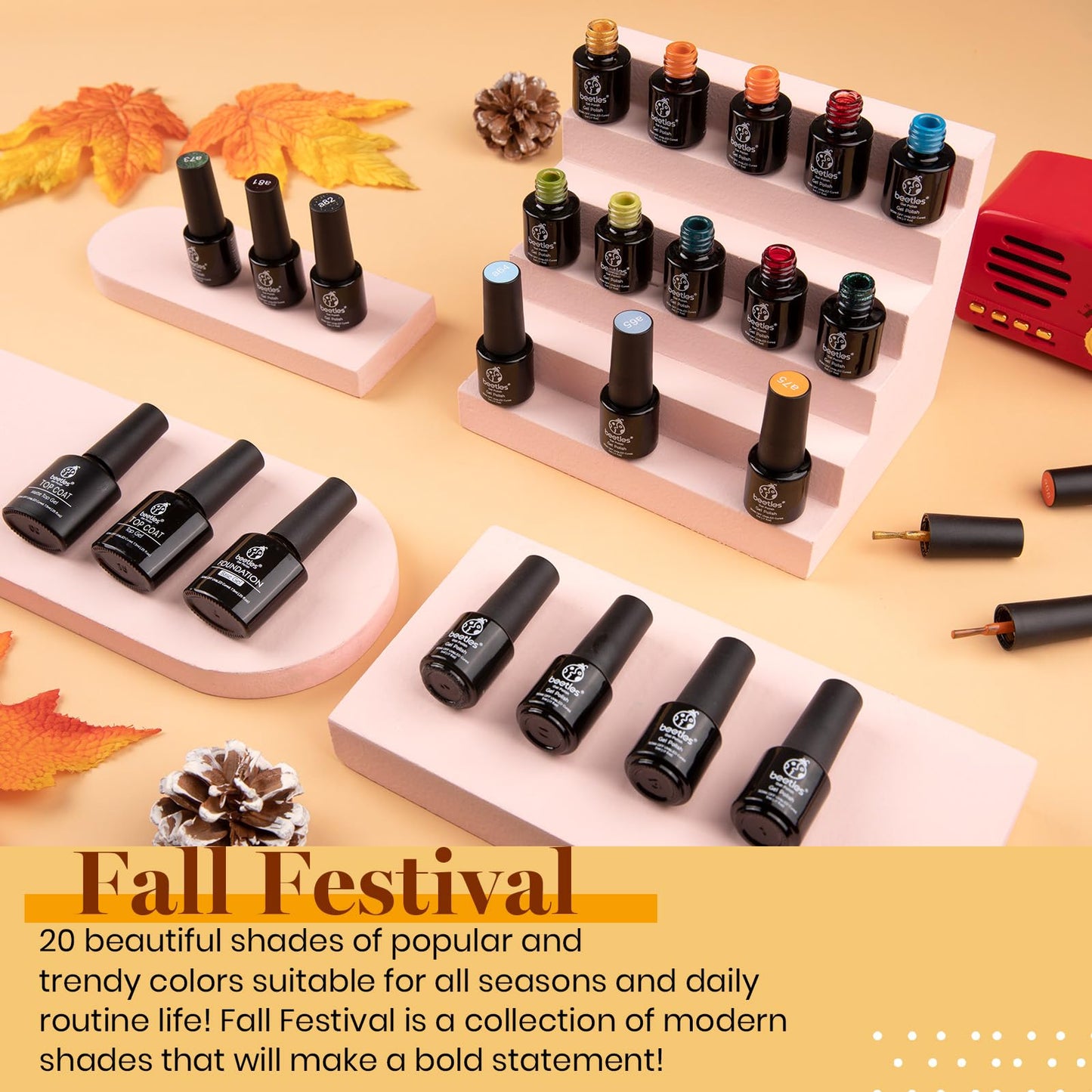 Beetles Fall Gel Nail Polish Set 20 Colors Nail Gel Polish Blue Red Brown Black Yellow Orange Green Gel Nail Polish Kit with Glossy Matte Gel Top Base Coat Soak Off Uv Gel Nail Lamp Gift for Women