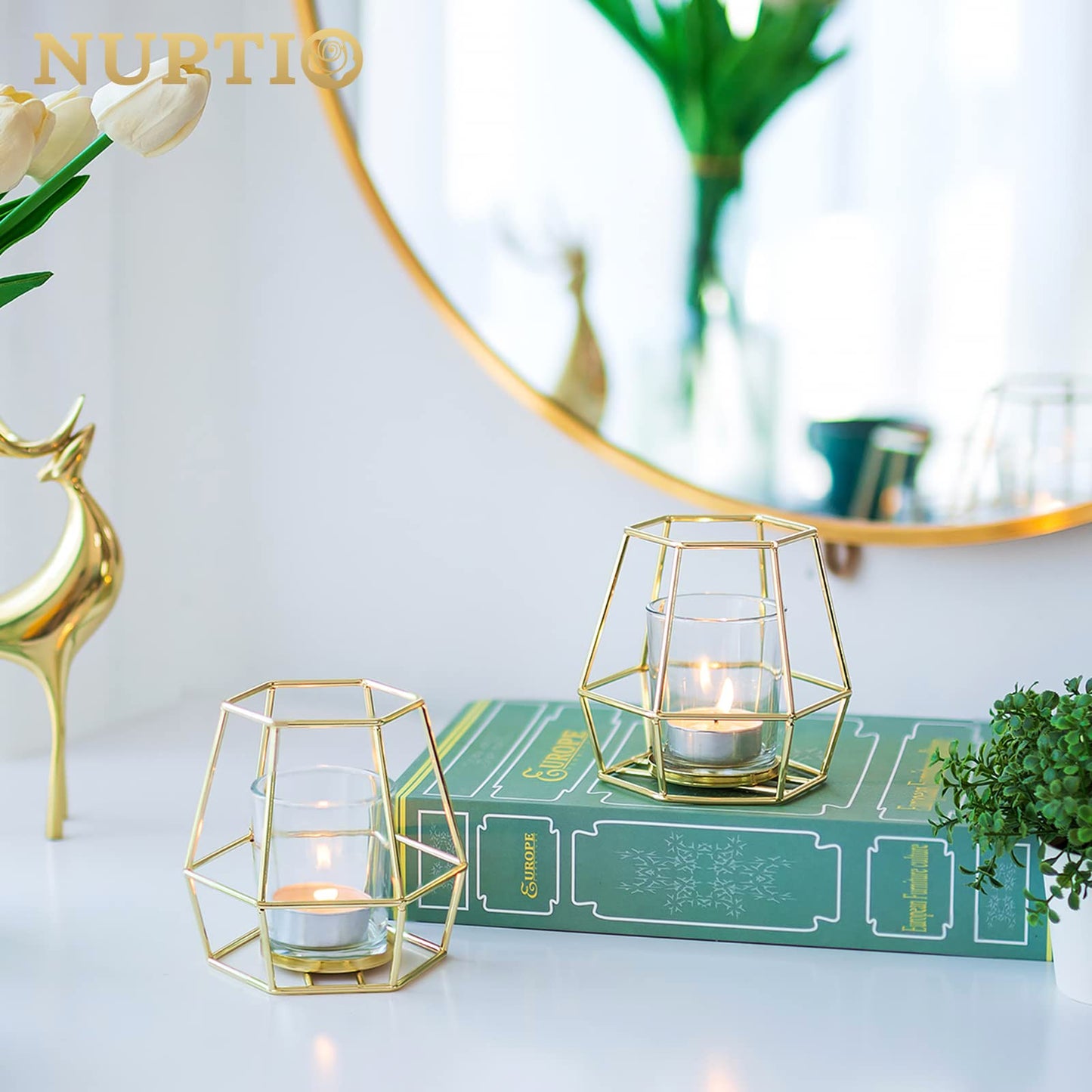 Nuptio Pillar Candle Holder Gold Candle Holders for Pillar Candles 6 Pcs Geometric Tealight Candle Holder Metal Candle Stand Table Centerpiece for Wedding Party Cafe Bar Home Decor