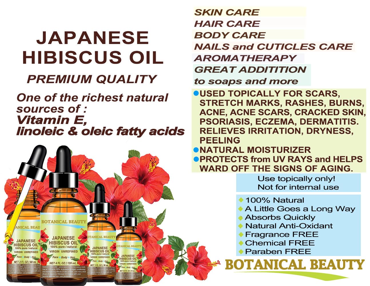 Botanical Beauty HIBISCUS OIL (Hibiscus Sabdariffa) JAPANESE 100 Pure Natural VIRGIN UNREFINED COLD PRESSED Anti Aging, Vitamin E oil for FACE, SKIN, HAIR GROWTH 2 Fl.oz.- 60 ml