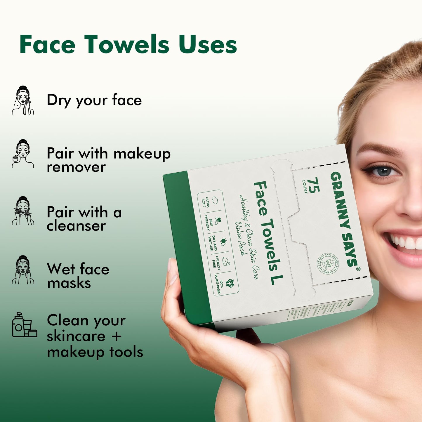 GRANNY SAYS Disposable Face Towel, 300 Count/4 Boxes, 10" x 8" Biobased Face Towels, Face Towelettes Disposable, Super Soft Facial Towels for Sensitive Skin, Travel, Makeup Remover