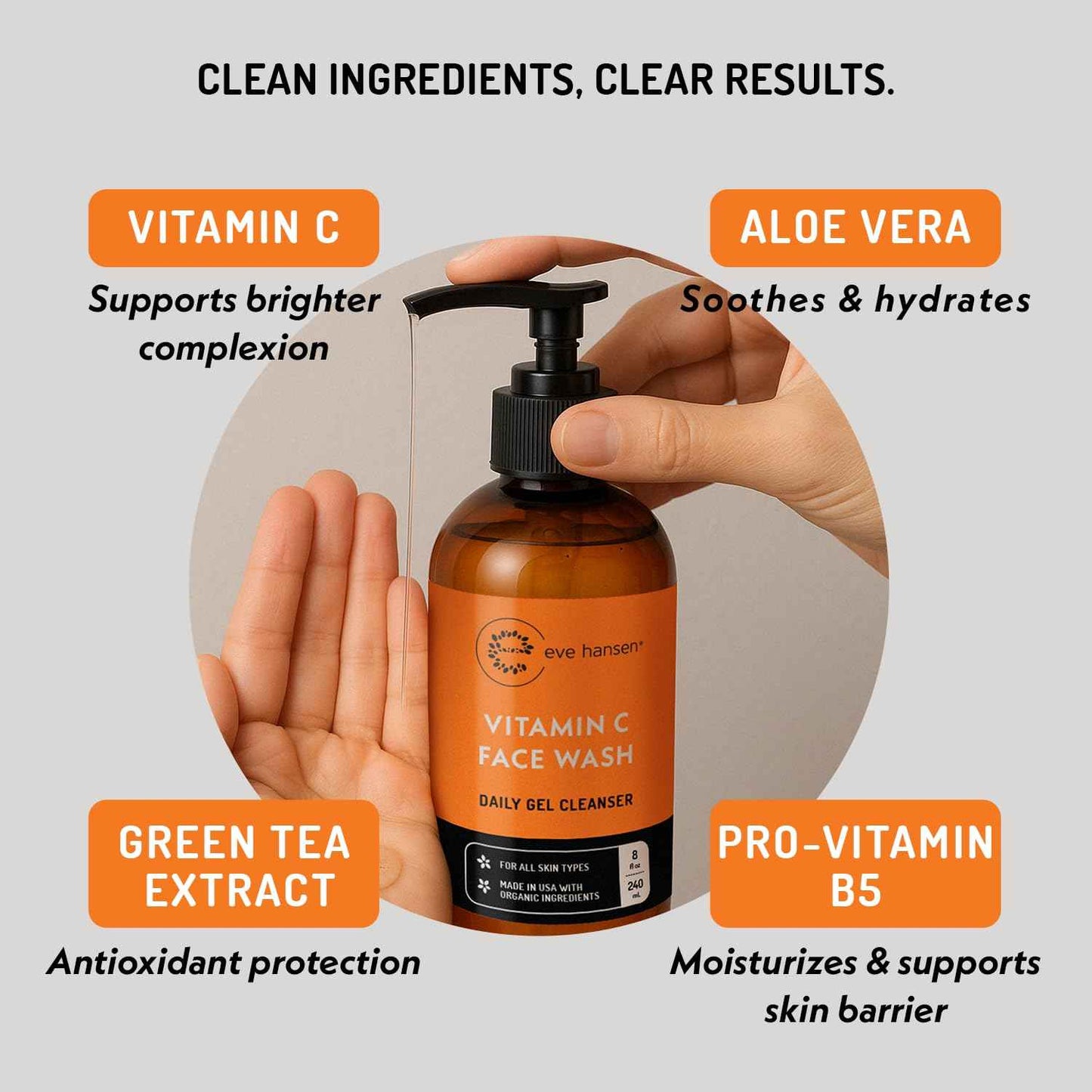 Vitamin C Cleanser Face Wash - HUGE 8 oz Gentle Facial Cleansing Gel for Uneven Skin Tone, Age Spots and Fine Lines - Natural Face Soap with Aloe Vera, Green Tea, Ginseng