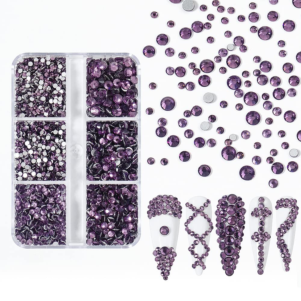 6Grids 3000Pcs Clear Flatback Rhinestones, Lotus Purple Nail Gems Crystals Jewels, Craft Glass Diamonds Stones Bling Rhinestone with Tweezers and Picking Pen For Nail Face Makeup(1.8mm~4mm Crystal)