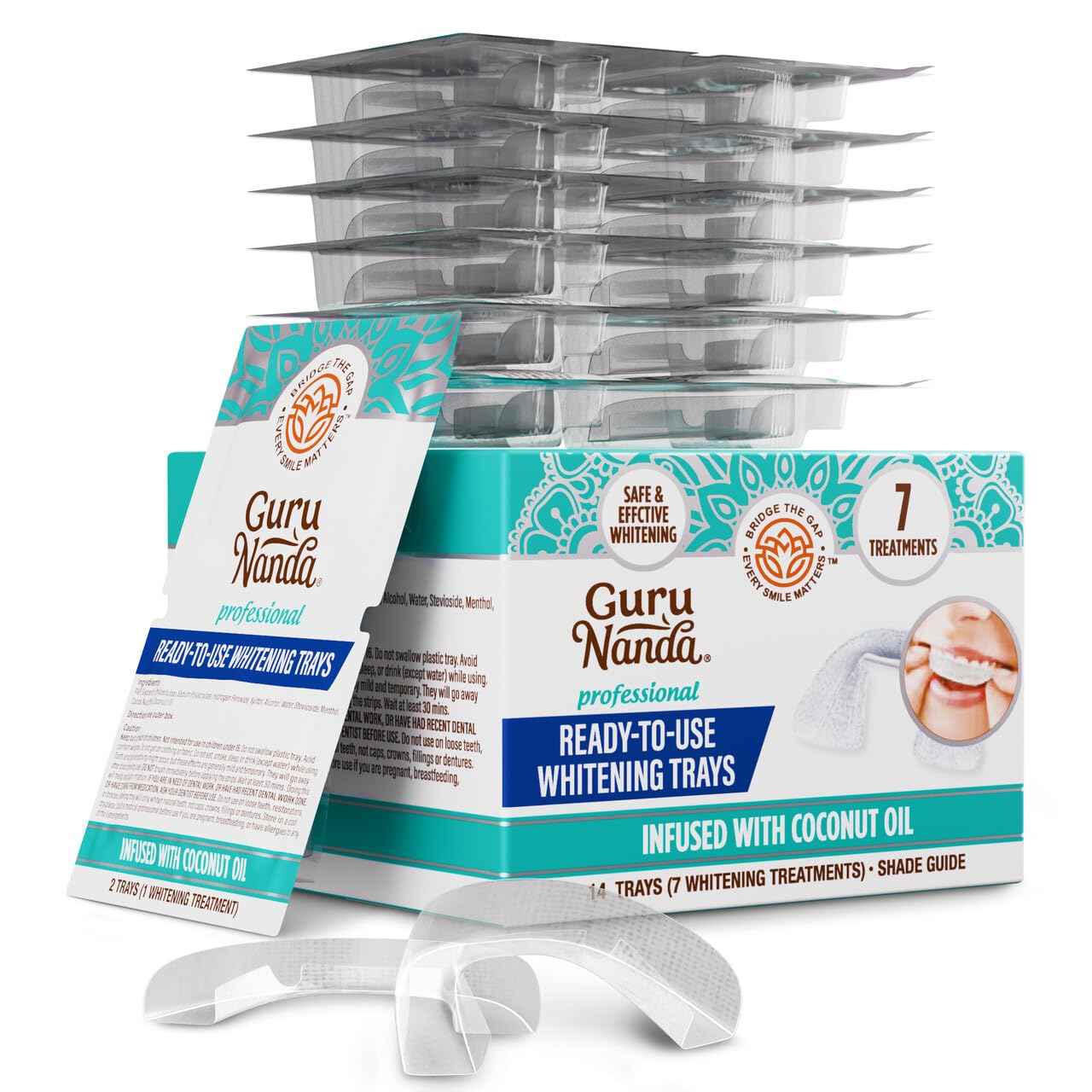 GuruNanda Ready-to-Use Prefilled Whitening Trays (7 Treatments) with 8% Hydrogen Peroxide to Remove Surface Stains, Fast & Easy Teeth Whitening for Sensitive Smiles