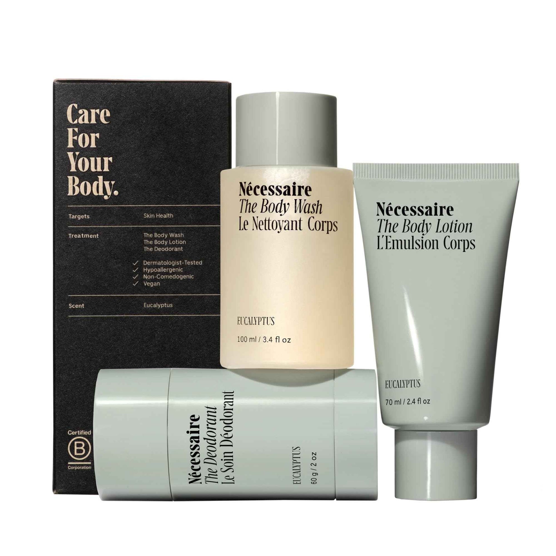 Nécessaire Body Essentials - Skin Care Gift Set For Women + Men - Travel-Size Body Wash, Body Lotion + Deodorant | Dermatologist-Tested. Hypoallergenic | Vegan | Aluminum-Free Deodorant (Eucalyptus)