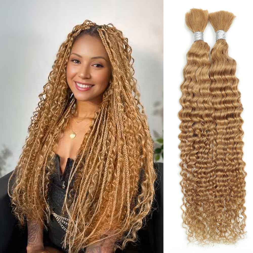 Blonde Human Braiding Hair for Boho Braids 22 Inch 100g Human Hair Braiding Hair Deep Wave Bulk Human Hair for Braiding No Weft Brazilian Virgin Curly Hair Extensions 27#