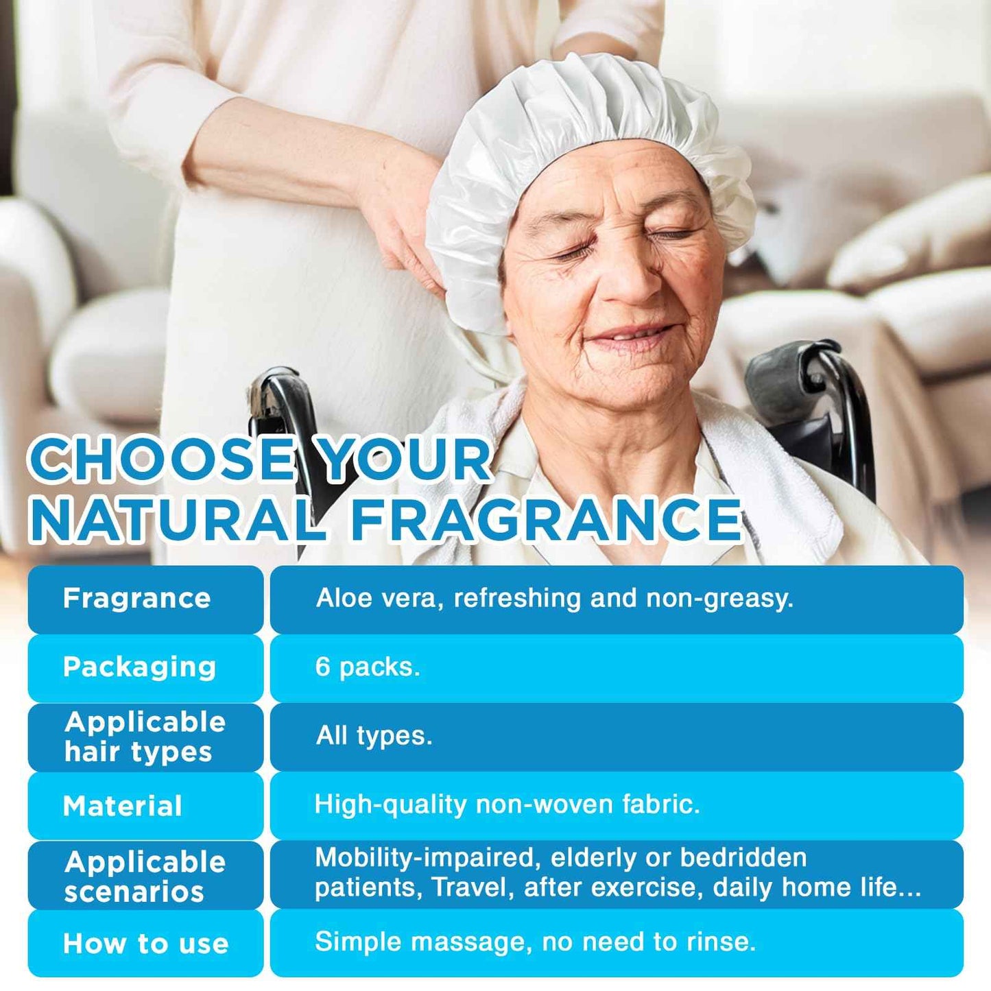 OK TAPE No Water Shampoo Cap (6 Packs), Microwaveable Rinse Free for Bedridden Patients or Elderly, Waterless Shampoo and Condition Hair, Aloe Vera Fragrance