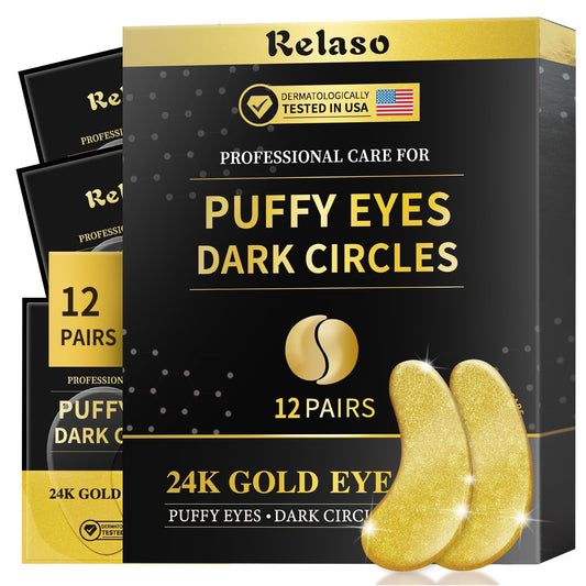 Relaso Under Eye Patches - 24K Gold Dermatology Eye Masks for Wrinkles & Puffiness, Enriched with Collagen, Diminish Dark Circles - Anti-Aging, Smooth Fine Line, Nourish Skin - 12 Pairs