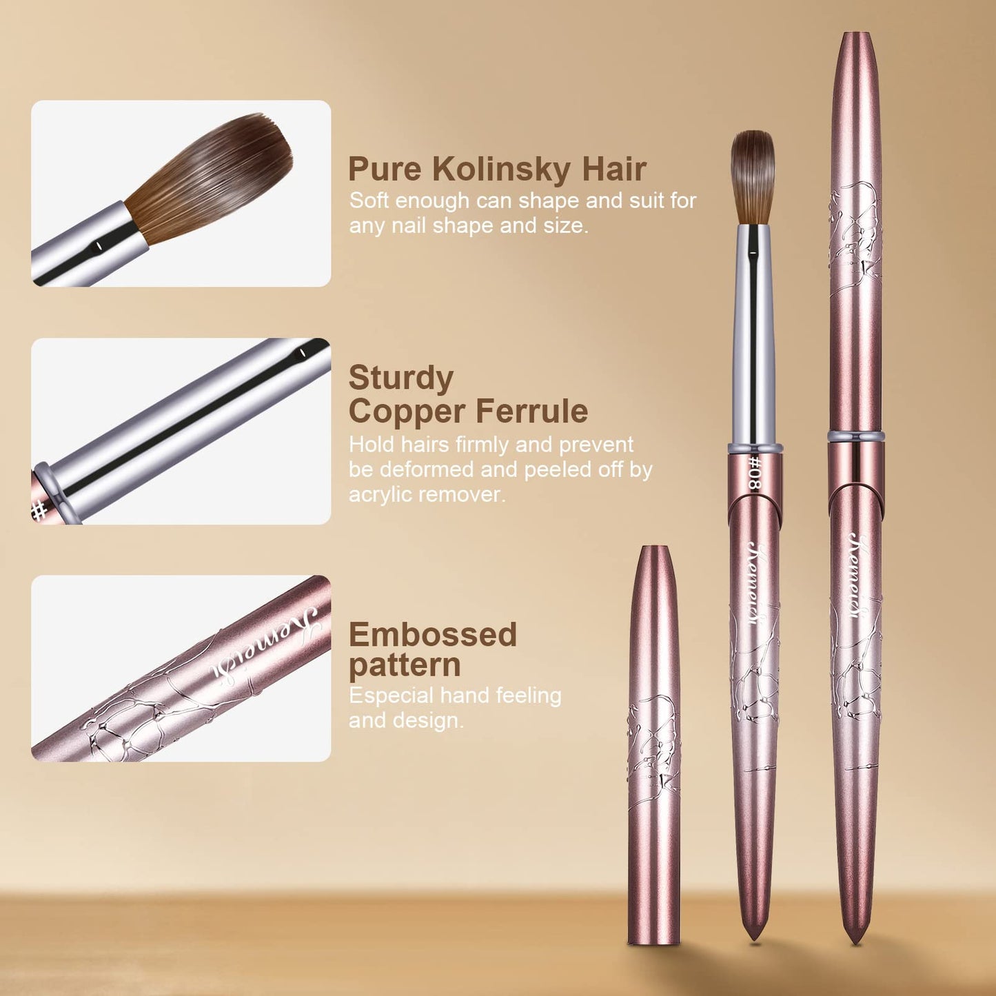 Acrylic Nail Brush Size 8,KEMEISI 100% Pure Kolinsky Nail Art Brushes Sturdy Handle Oval Shaped Acrylic Powder Nail Design Tools for Professional Manicure DIY Home Salon (Brown Gradient)