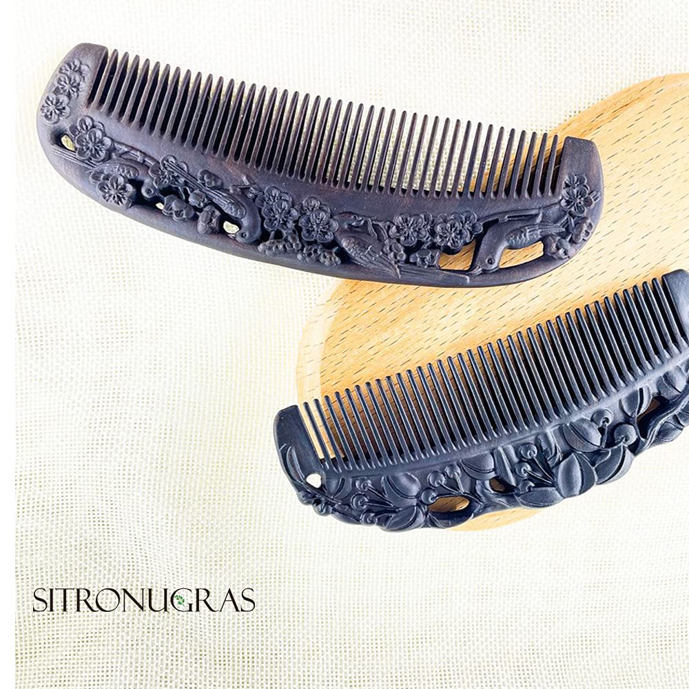 Sitronugras Ebony Wood Comb - Carved Craft Natural Black Sandalwood Hair Comb for Women - No Static Fine Tooth Comb with gift box (Birds and flowers)