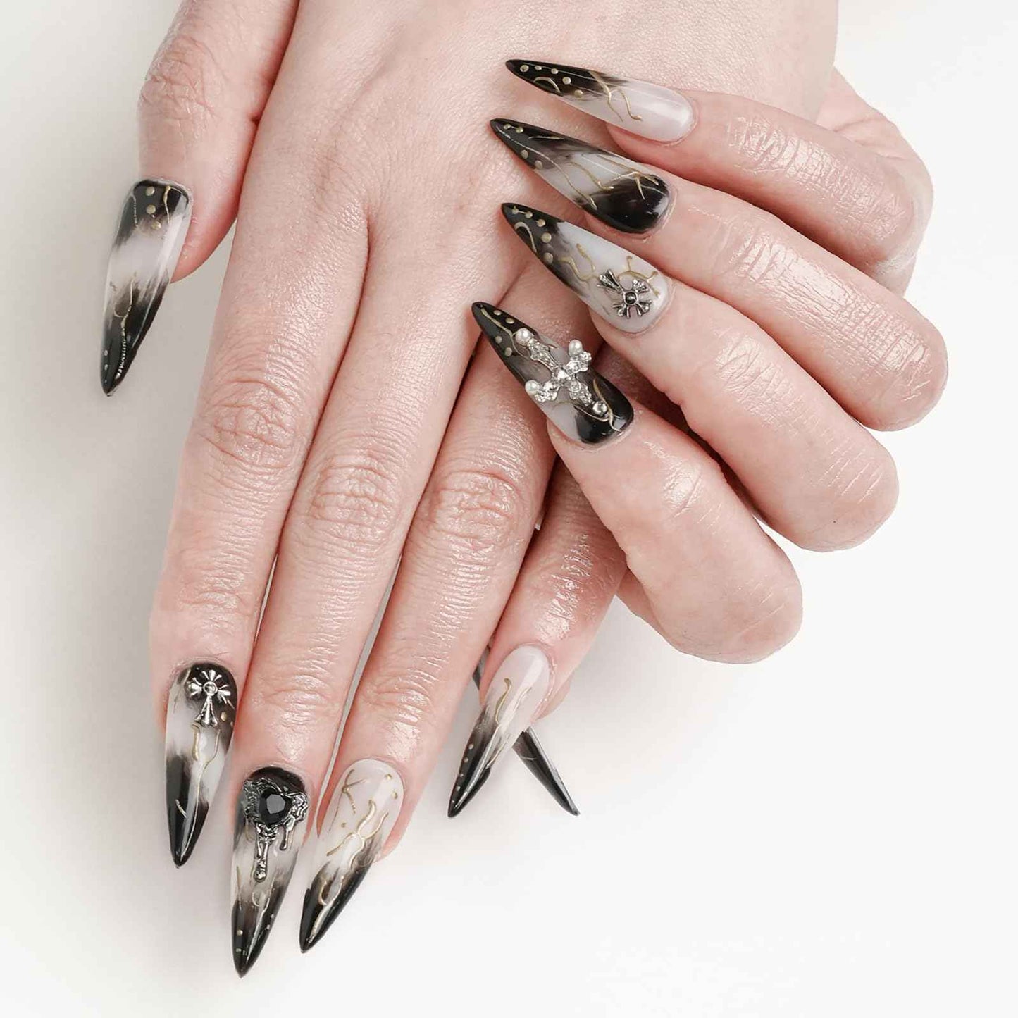 FORBELOVED NAILS,Black And White Swirl Line Handmade Press On Nails,Long Stiletto Glue On Nails,Crosses Decortions Charming False Nails For Women And Girls,10Pcs/Set With Glue,(Black-S),FOB